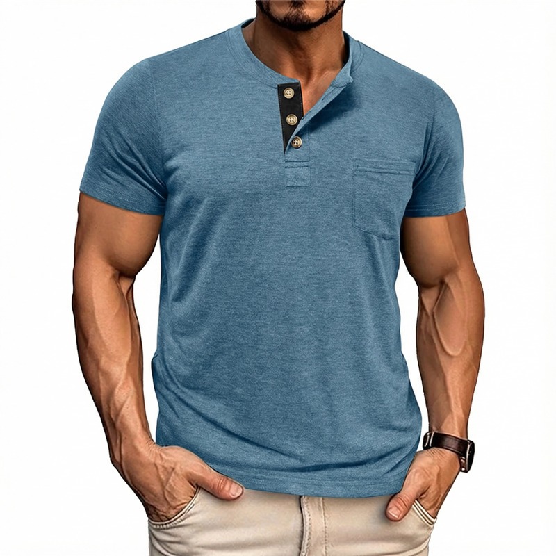 Men's Solid Color Henley Short Sleeve T-shirt
