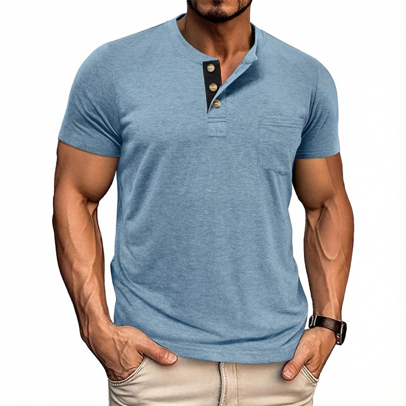 Men's Solid Color Henley Short Sleeve T-shirt