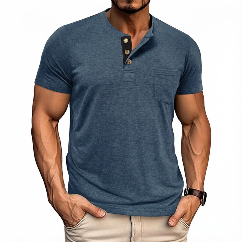 Men's Solid Color Henley Short Sleeve T-shirt