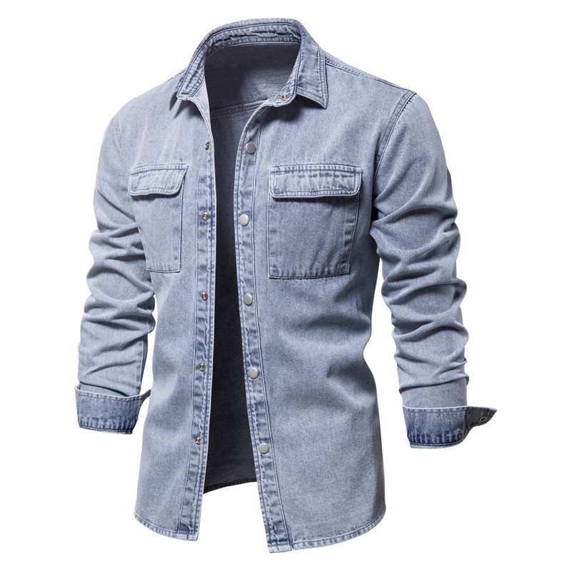 Men's Solid Color Thick Long Sleeve Button Down Denim Shirt