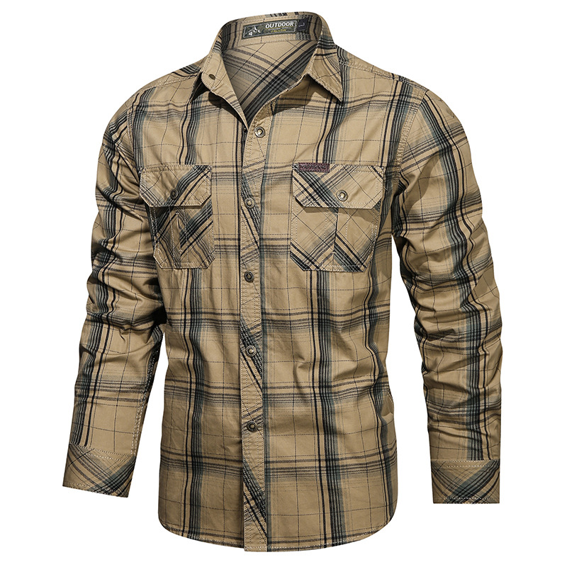 Men's Casual Plaid Button Up Long Sleeve Cotton Multi-pocket Cargo Shirt