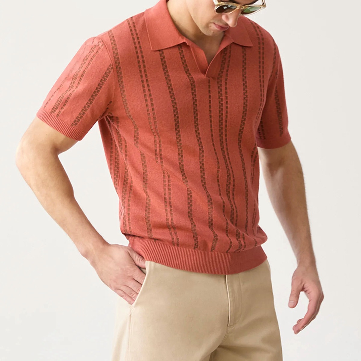 Men's Casual V-Neck Short Sleeve Knitted Polo Shirt