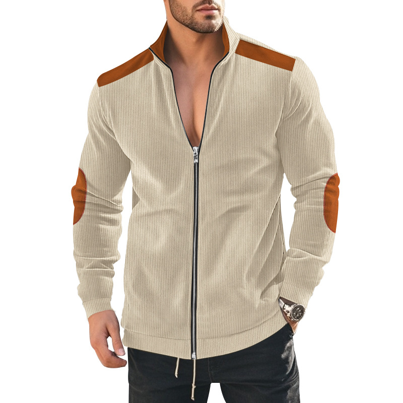 Men's Corduroy Colorblock Stand Collar Zipper Jacket