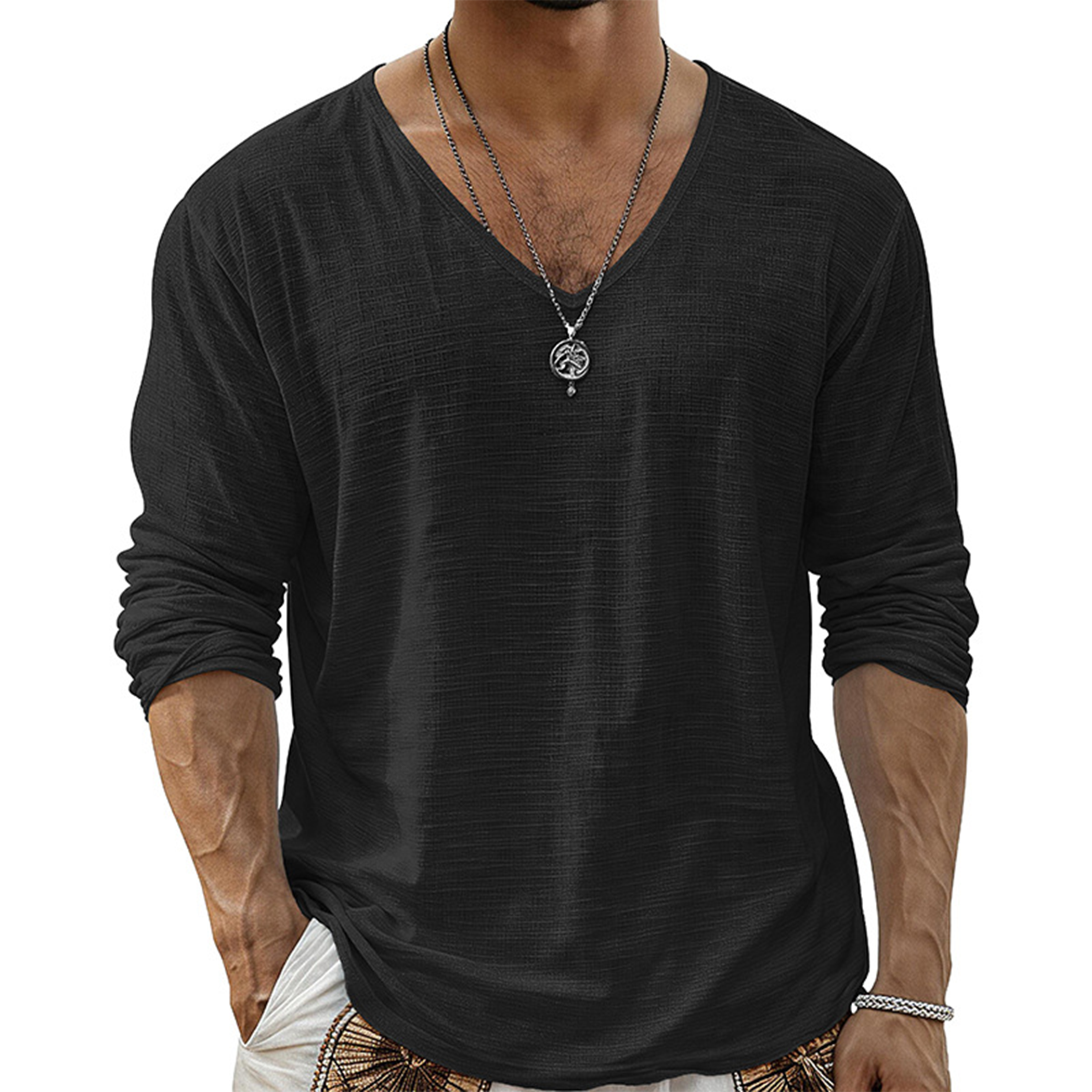 Men's Casual Cotton V-Neck Long Sleeve T-Shirt