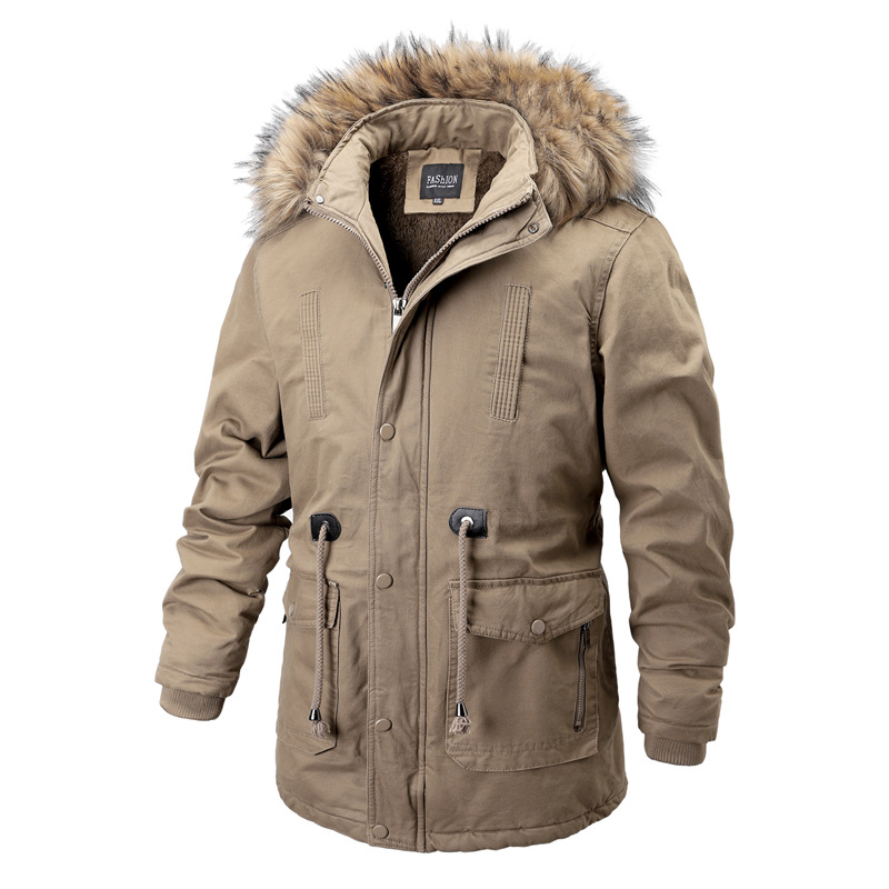 Men's Winter Fleece Lined Drawstring Parka Jacket Coat with Removable Fur Hood