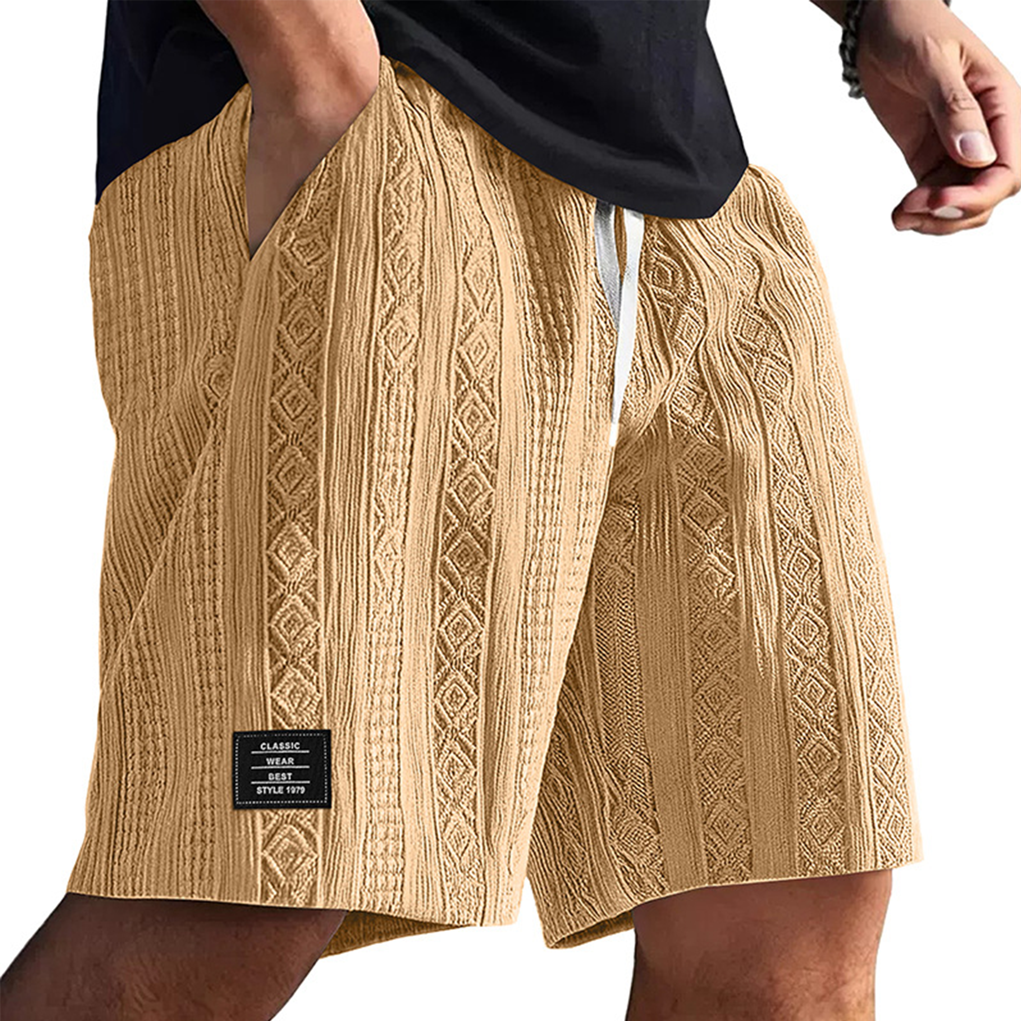 Men's Textured Embroidered Logo Casual Loose Shorts