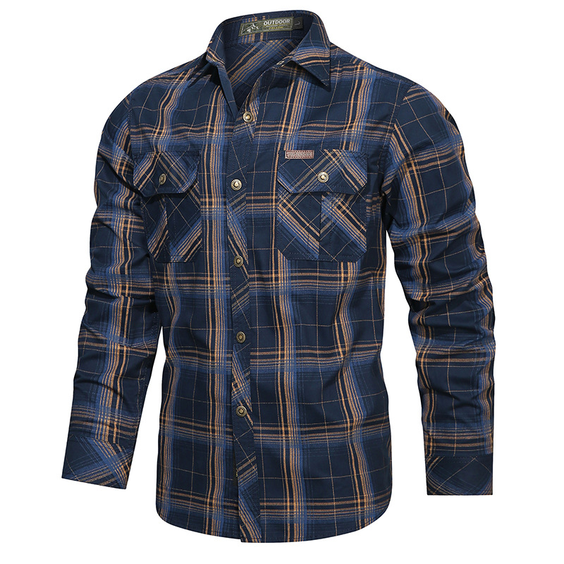 Men's Casual Plaid Button Up Long Sleeve Cotton Multi-pocket Cargo Shirt