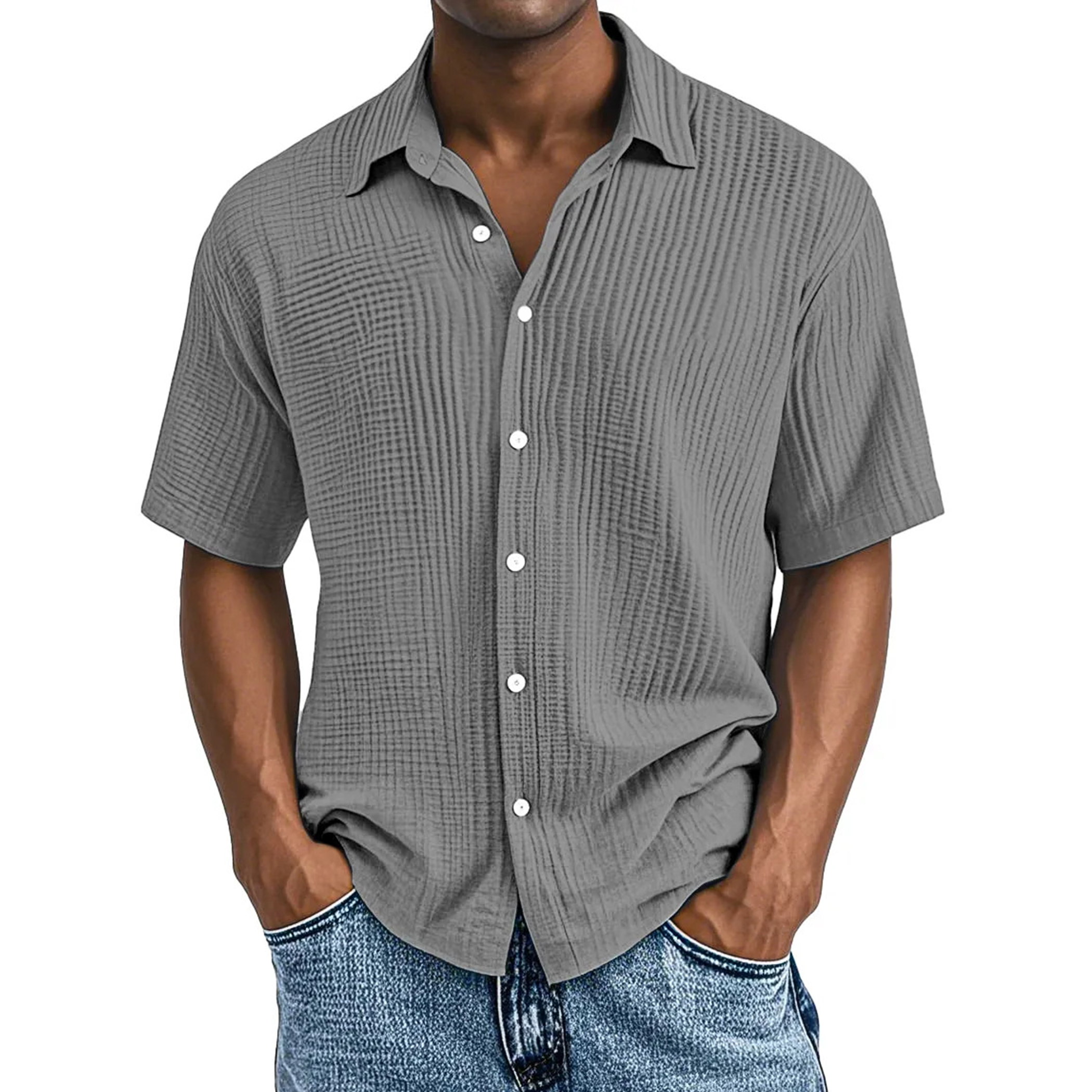 Men's Crinkle Textured Cotton Short Sleeve Button-Up Shirt