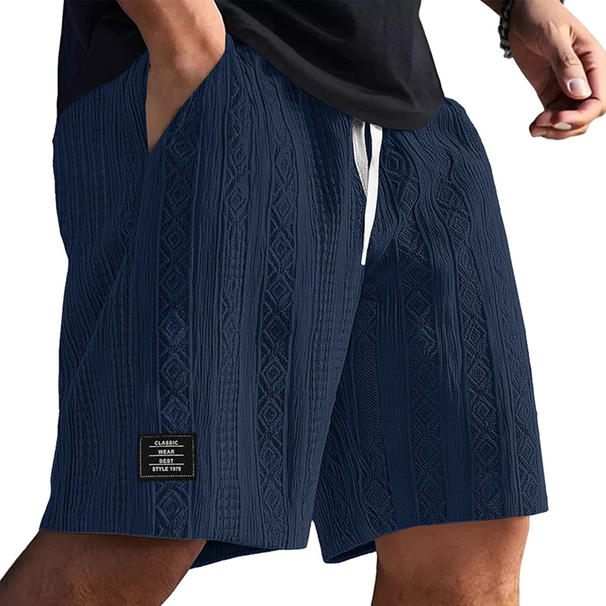 Men's Textured Embroidered Logo Casual Loose Shorts