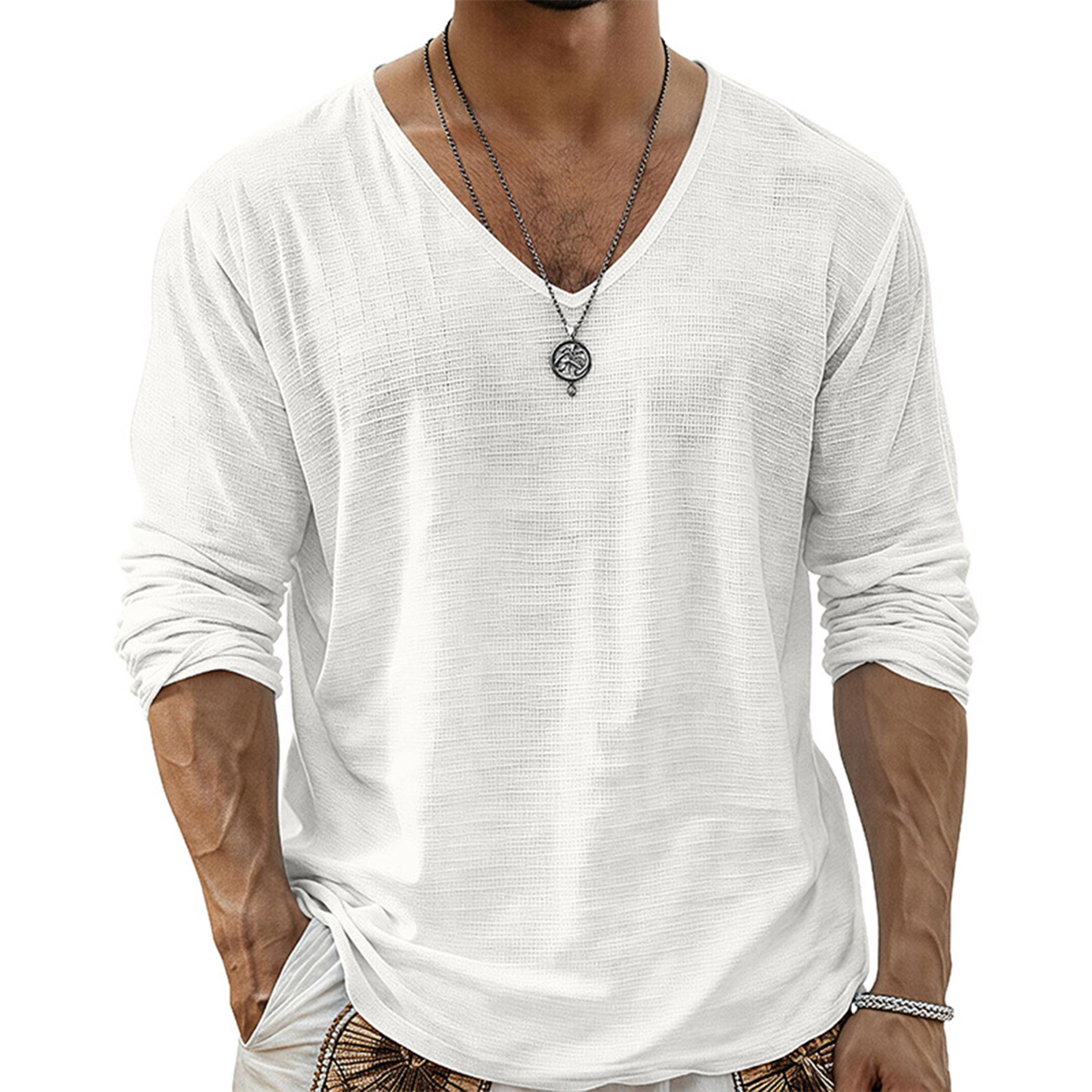 Men's Casual Cotton V-Neck Long Sleeve T-Shirt