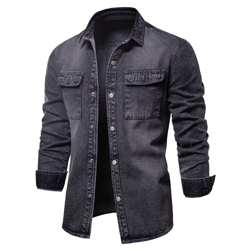 Men's Solid Color Thick Long Sleeve Button Down Denim Shirt