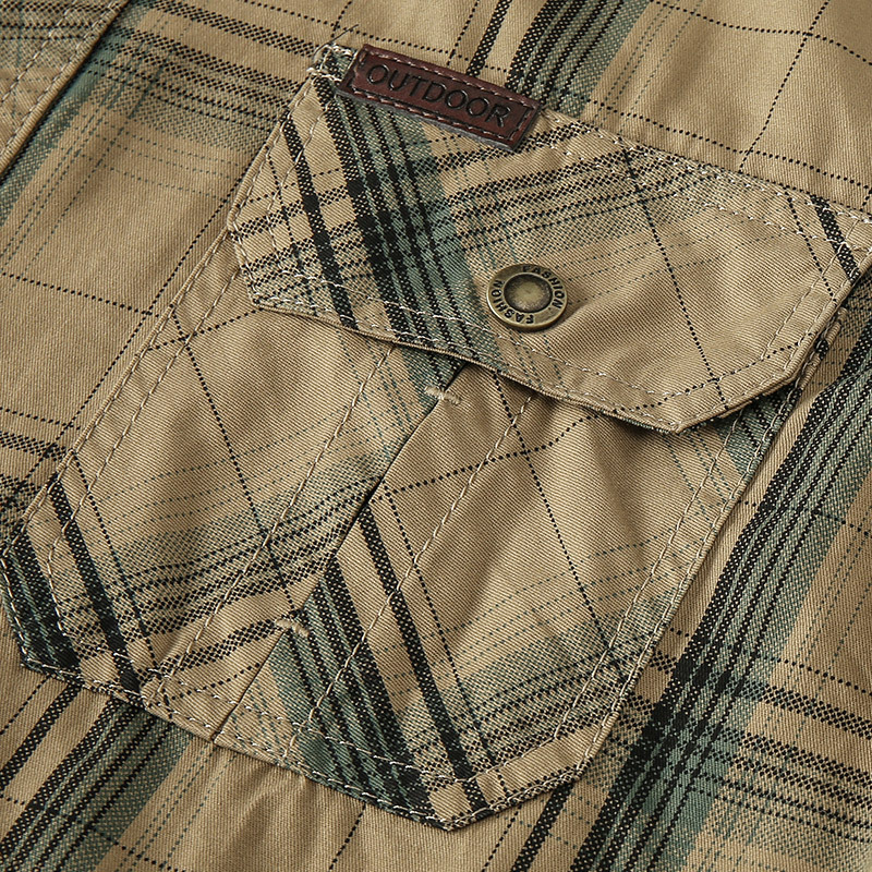 Men's Casual Plaid Button Up Long Sleeve Cotton Multi-pocket Cargo Shirt