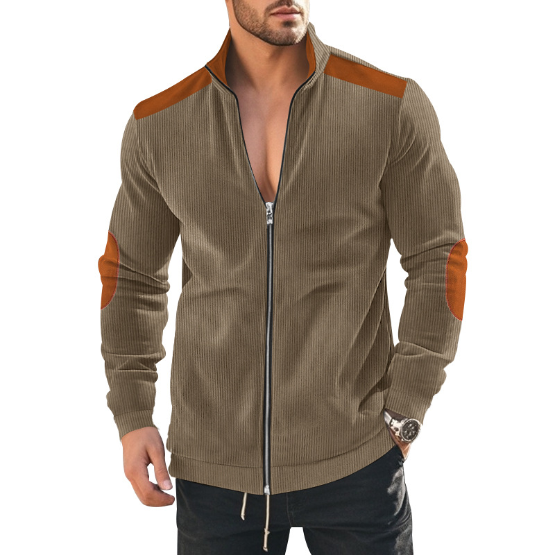 Men's Corduroy Colorblock Stand Collar Zipper Jacket