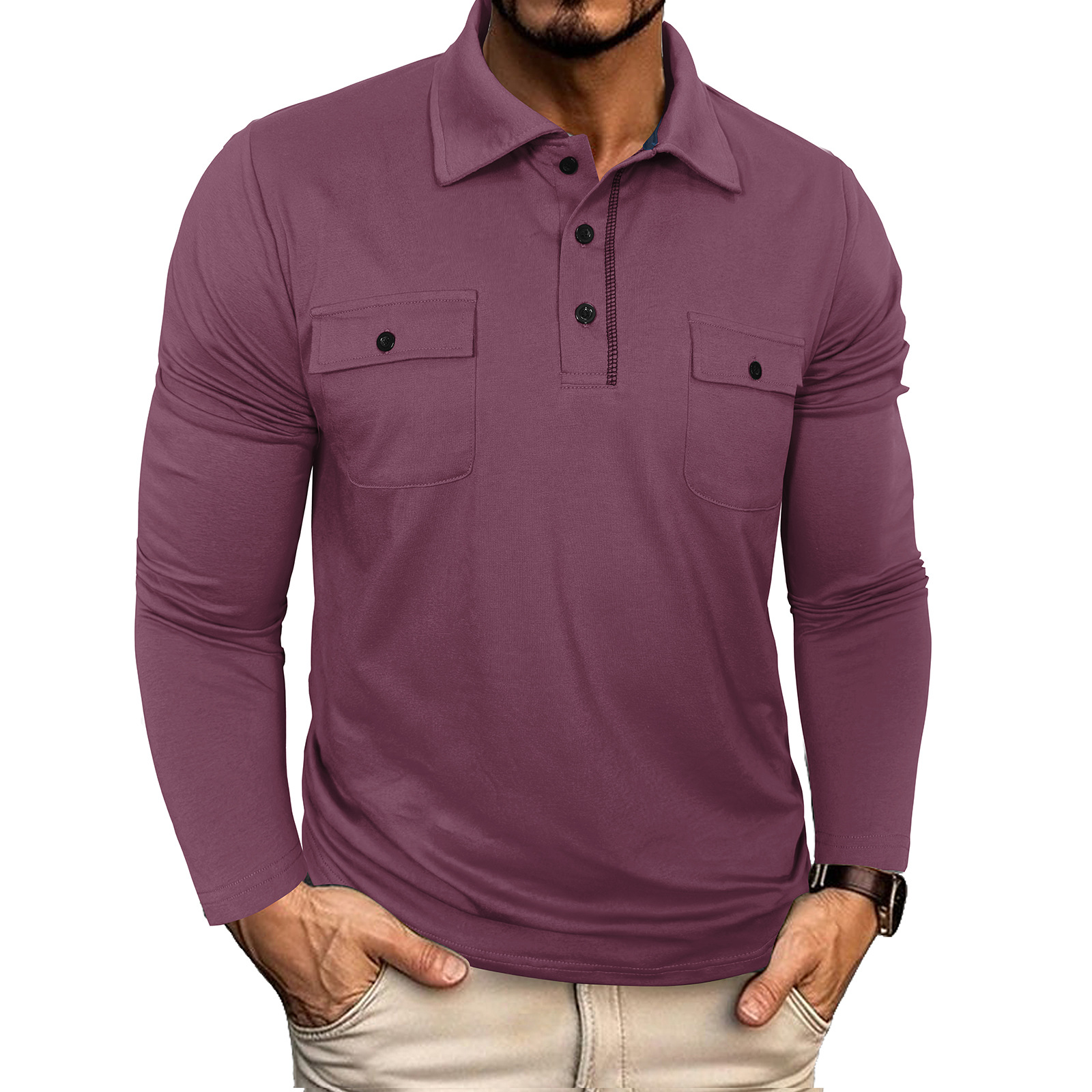 Men's Long Sleeve Cotton Pocket Polo Shirt