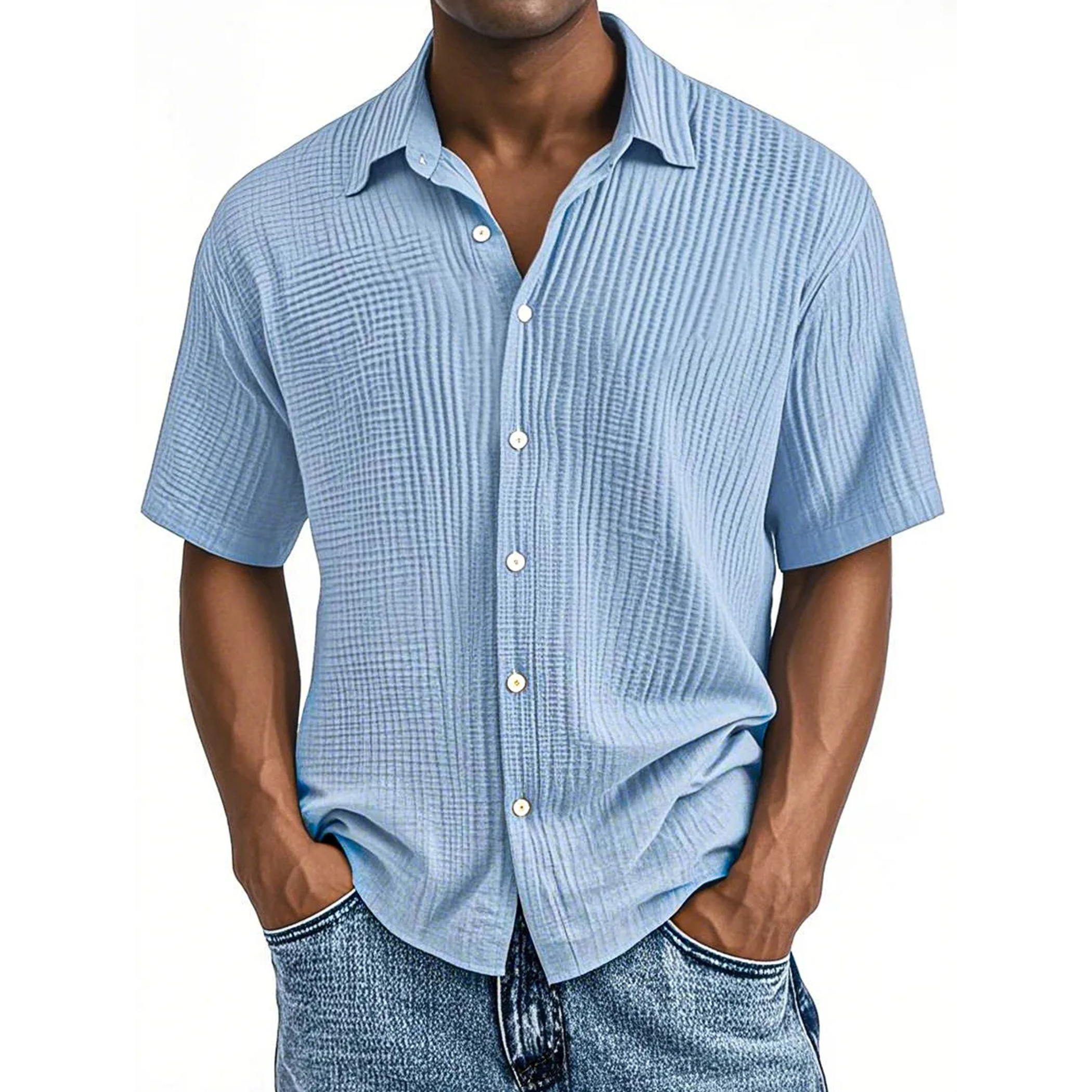 Men's Crinkle Textured Cotton Short Sleeve Button-Up Shirt