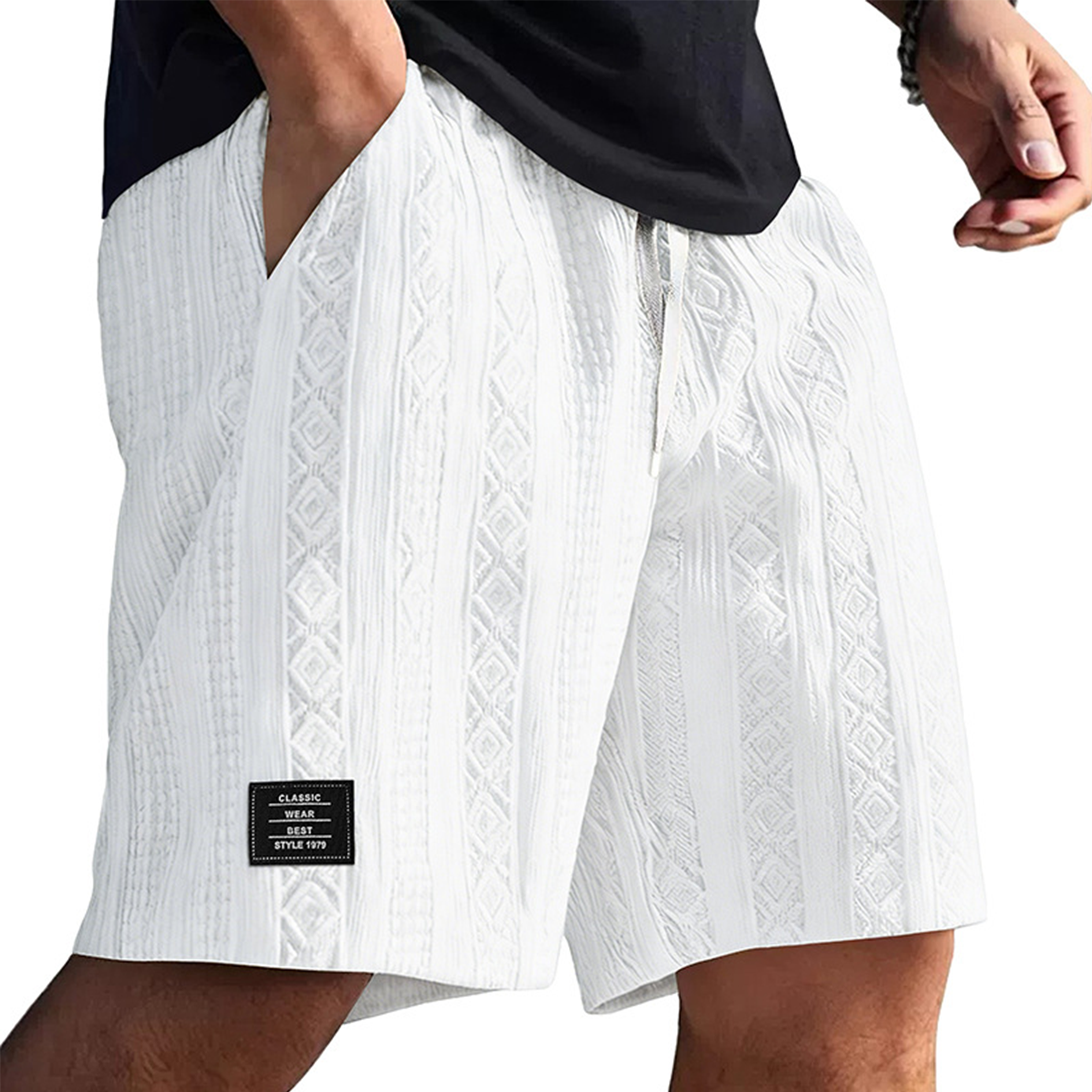 Men's Textured Embroidered Logo Casual Loose Shorts