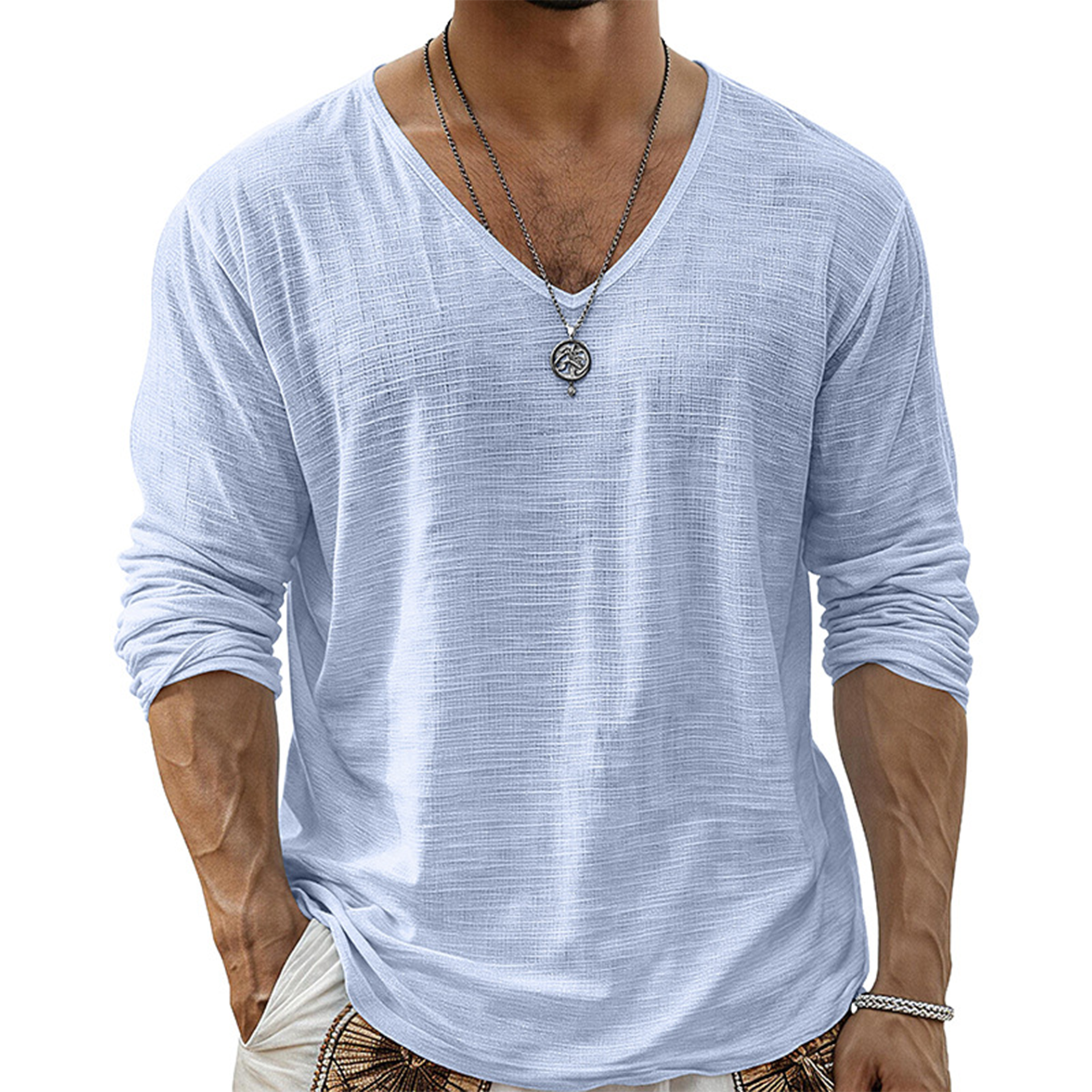 Men's Casual Cotton V-Neck Long Sleeve T-Shirt