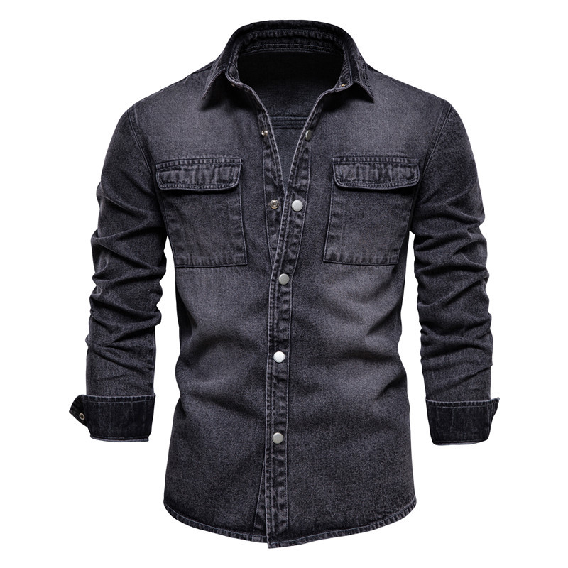 Men's Solid Color Thick Long Sleeve Button Down Denim Shirt
