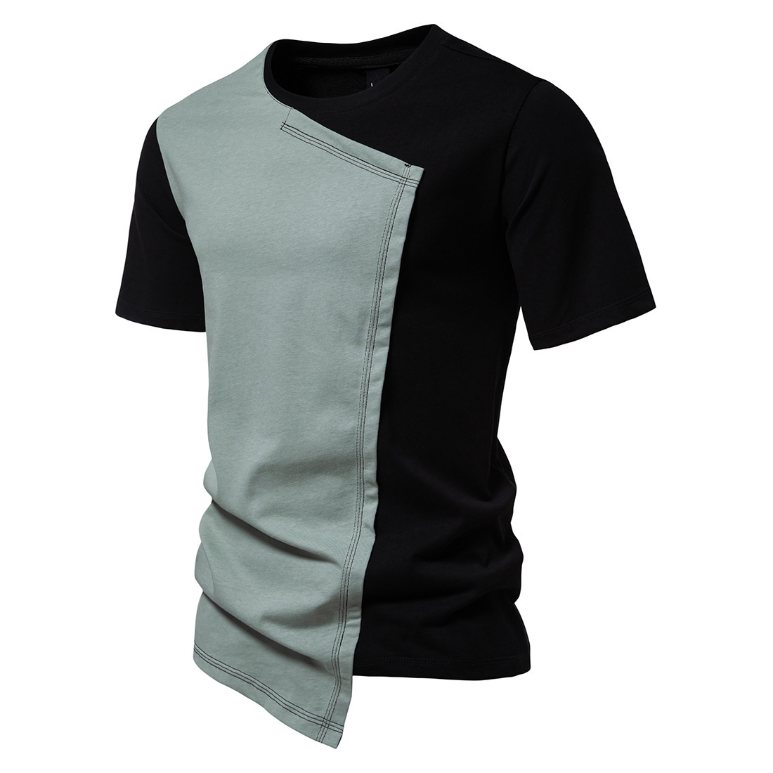 Men's Irregular Hem Round Neck Short Sleeve T-shirt in Pure Cotton Patchwork