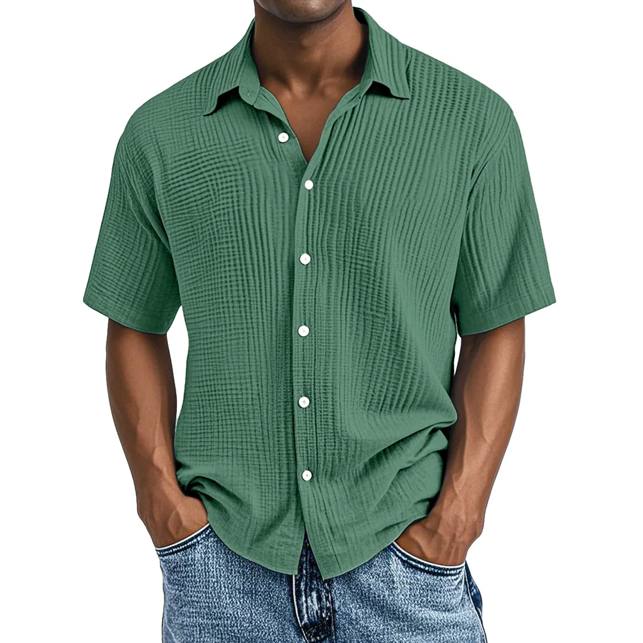 Men's Crinkle Textured Cotton Short Sleeve Button-Up Shirt