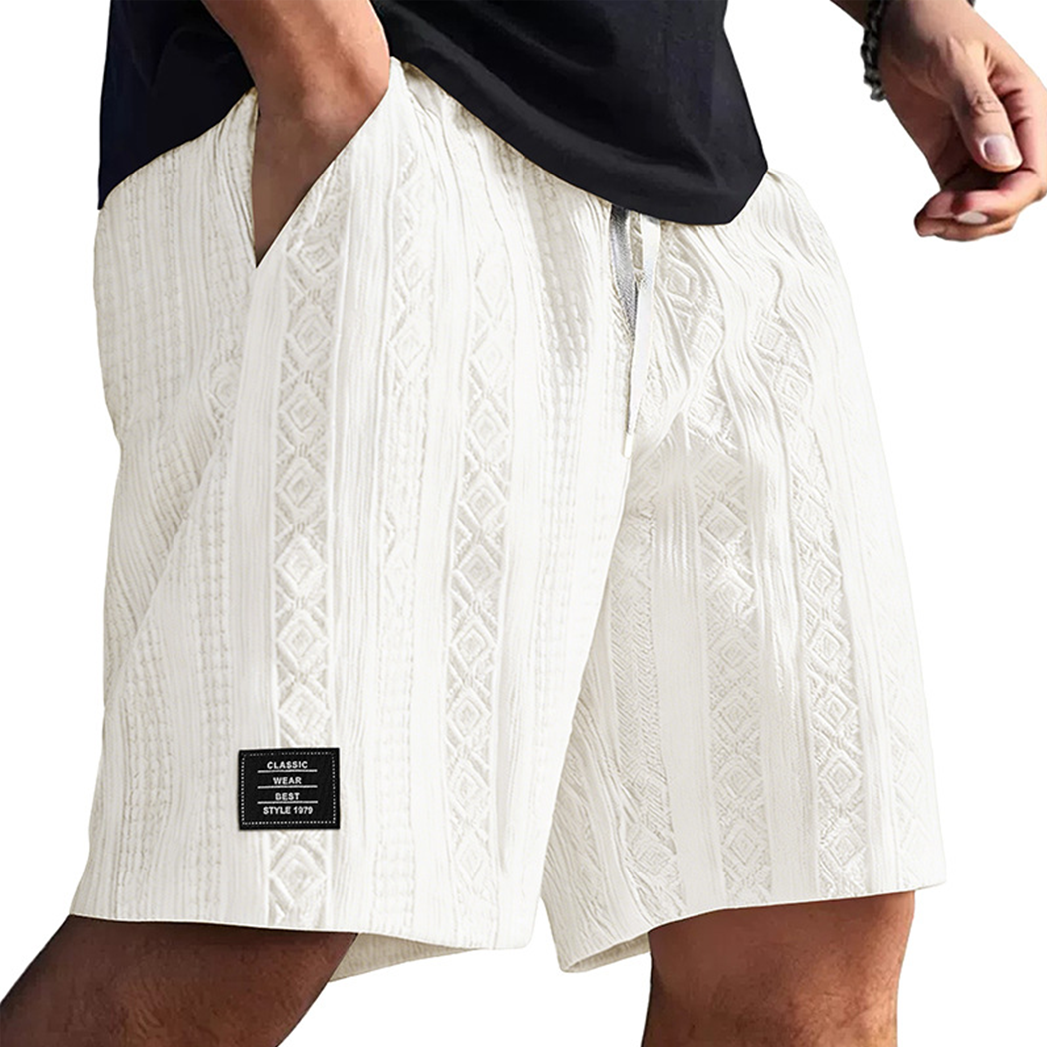 Men's Textured Embroidered Logo Casual Loose Shorts
