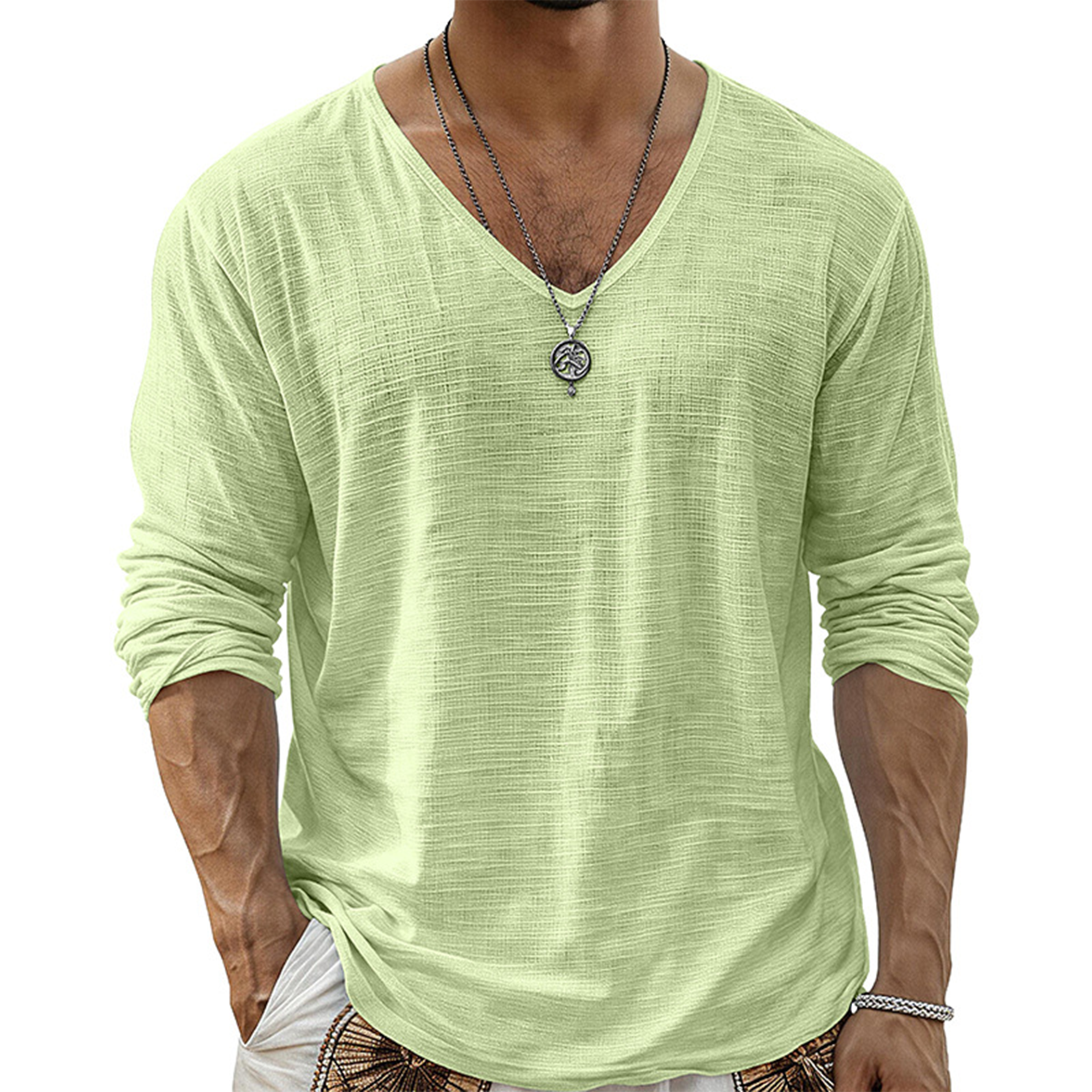 Men's Casual Cotton V-Neck Long Sleeve T-Shirt