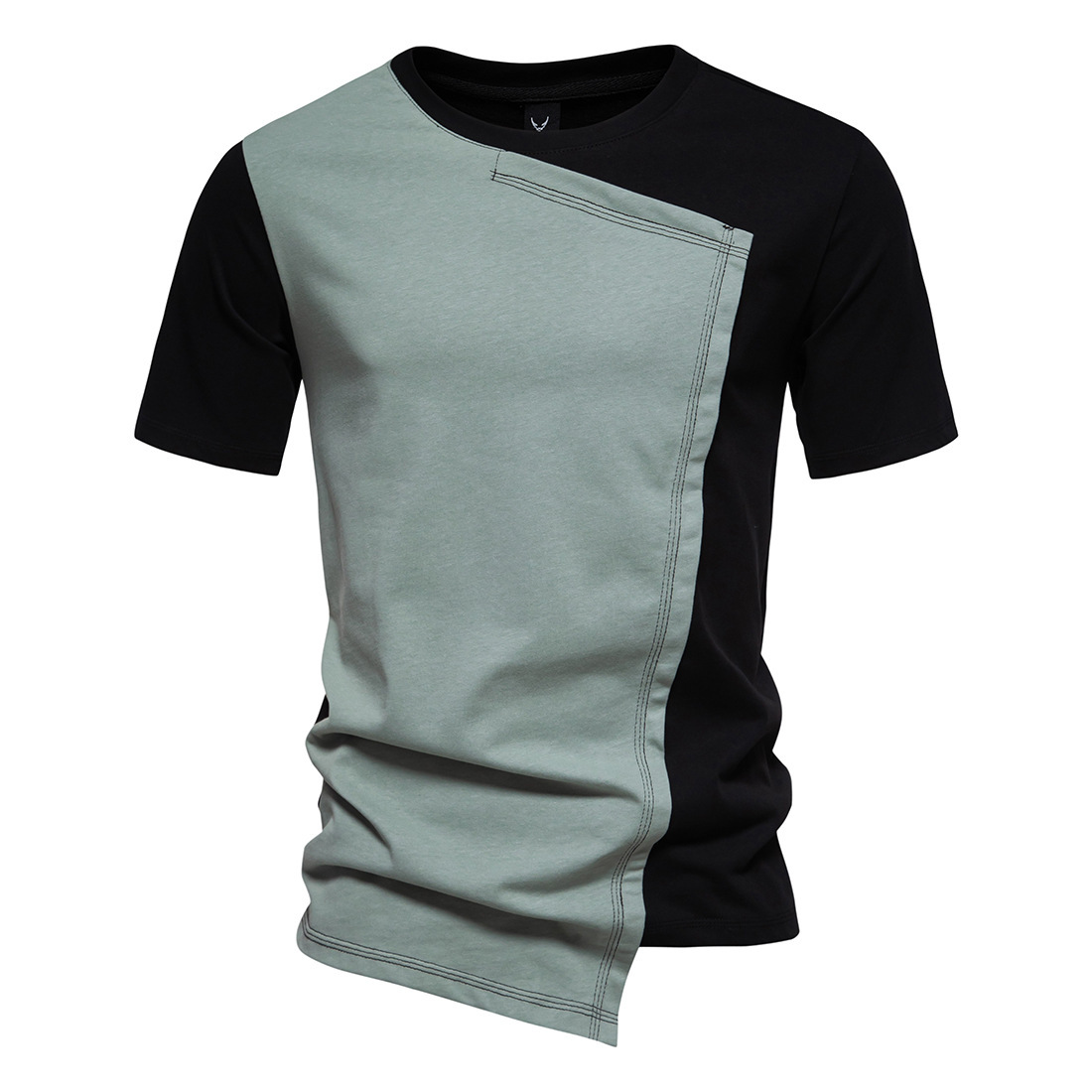 Men's Irregular Hem Round Neck Short Sleeve T-shirt in Pure Cotton Patchwork