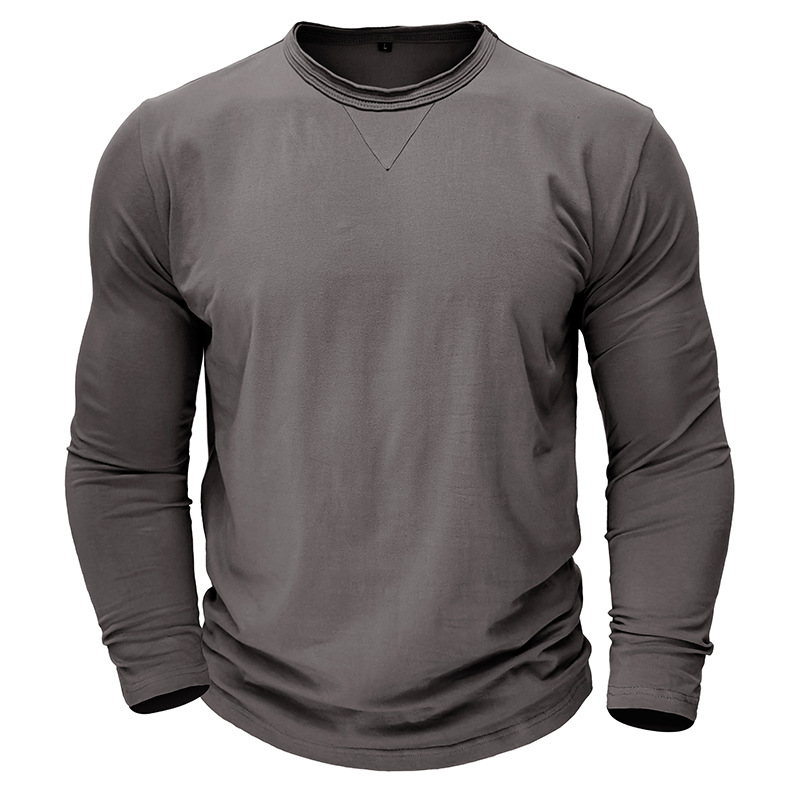 Men's Cotton Solid Color Round Neck Long Sleeve T-shirt