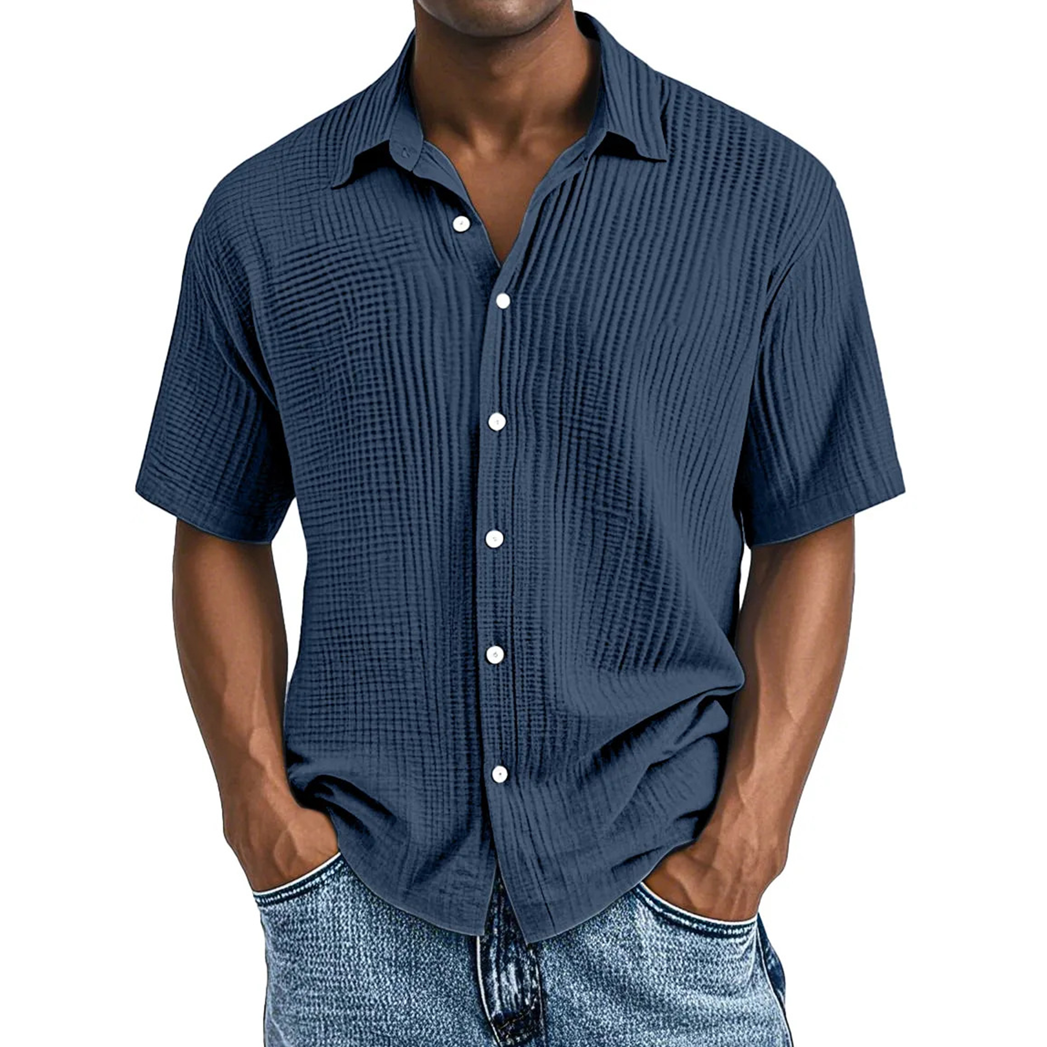 Men's Crinkle Textured Cotton Short Sleeve Button-Up Shirt