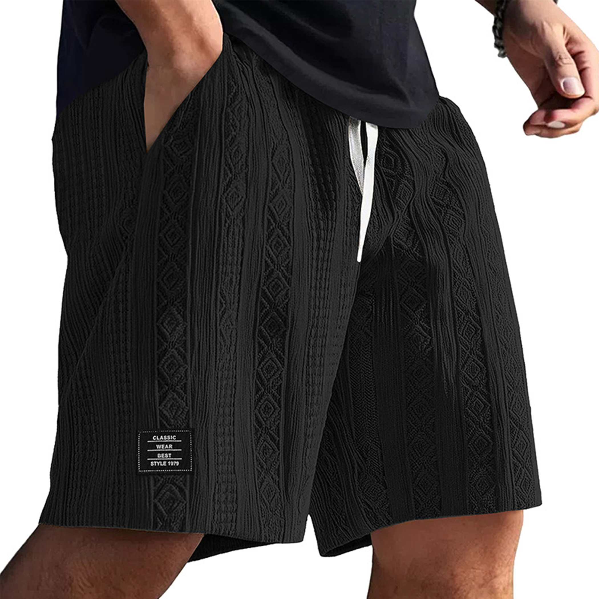 Men's Textured Embroidered Logo Casual Loose Shorts