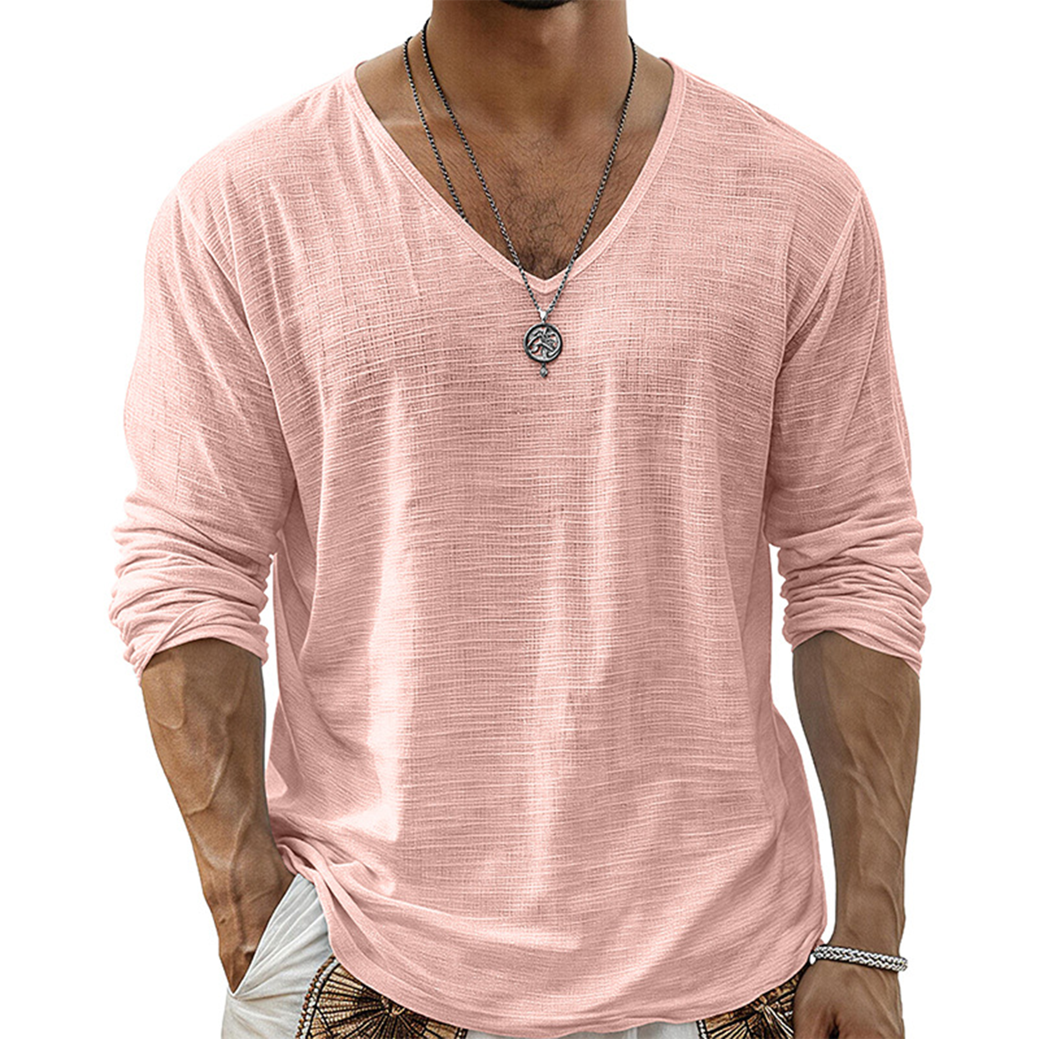 Men's Casual Cotton V-Neck Long Sleeve T-Shirt