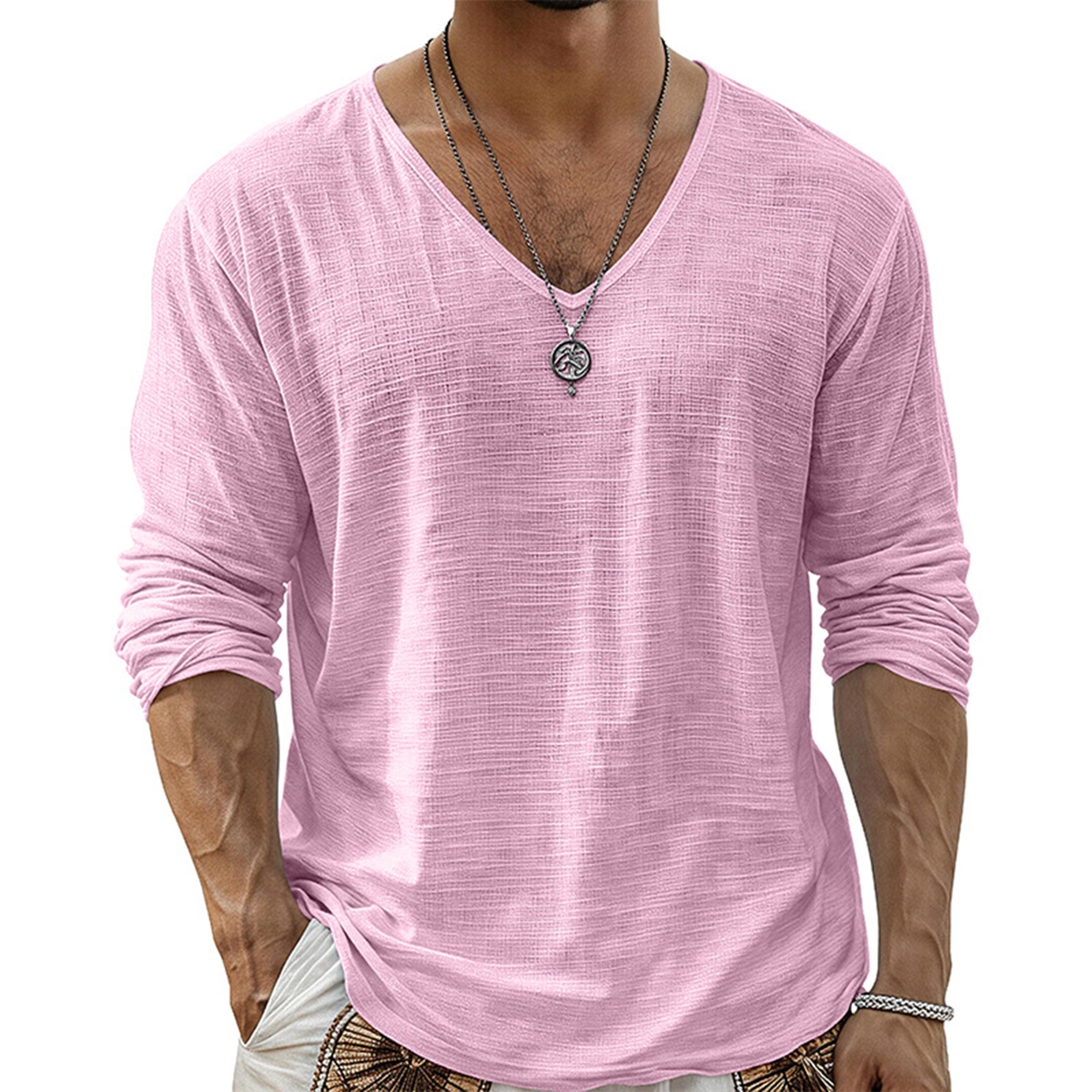 Men's Casual Cotton V-Neck Long Sleeve T-Shirt