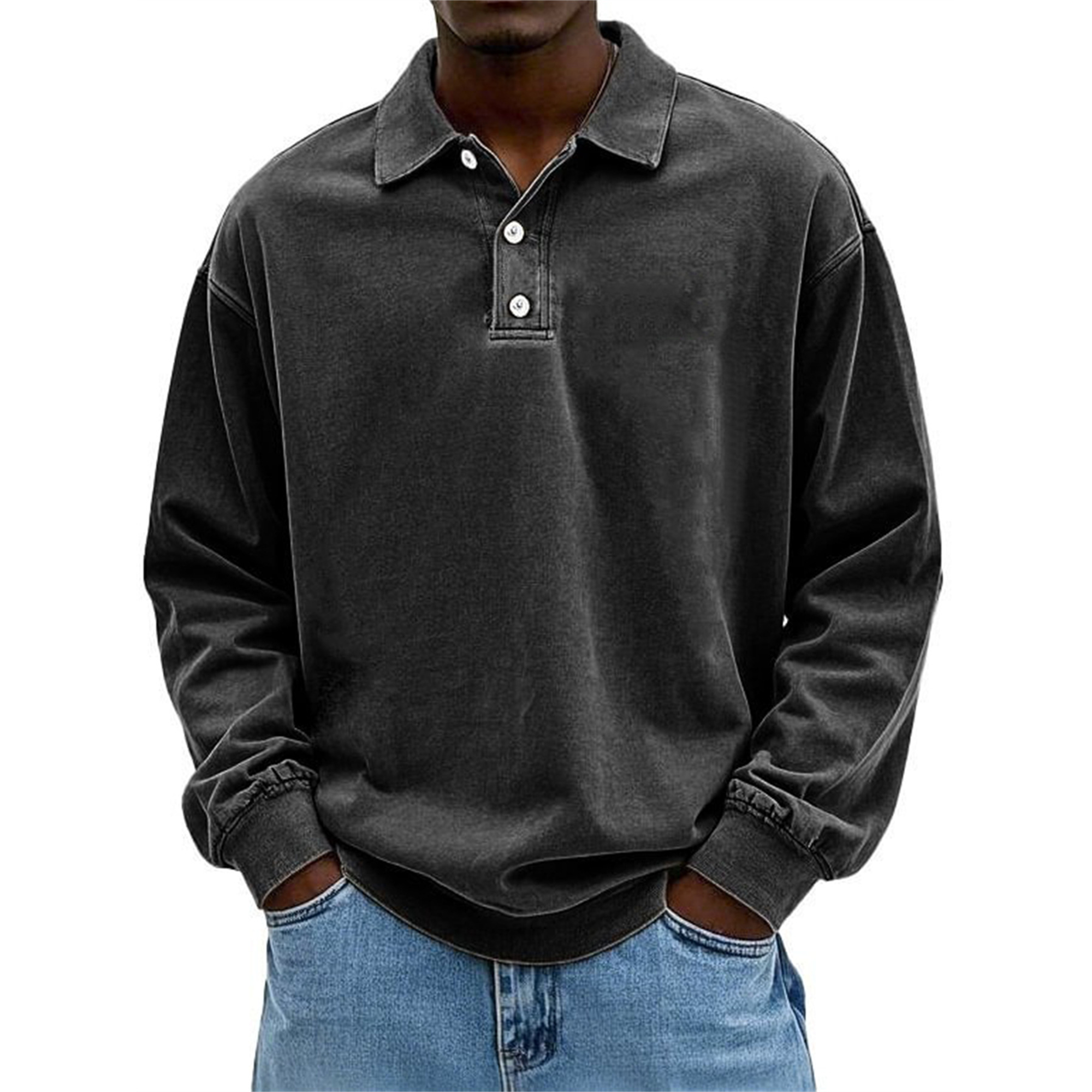 Men's Solid Color Long Sleeve Polo Shirt