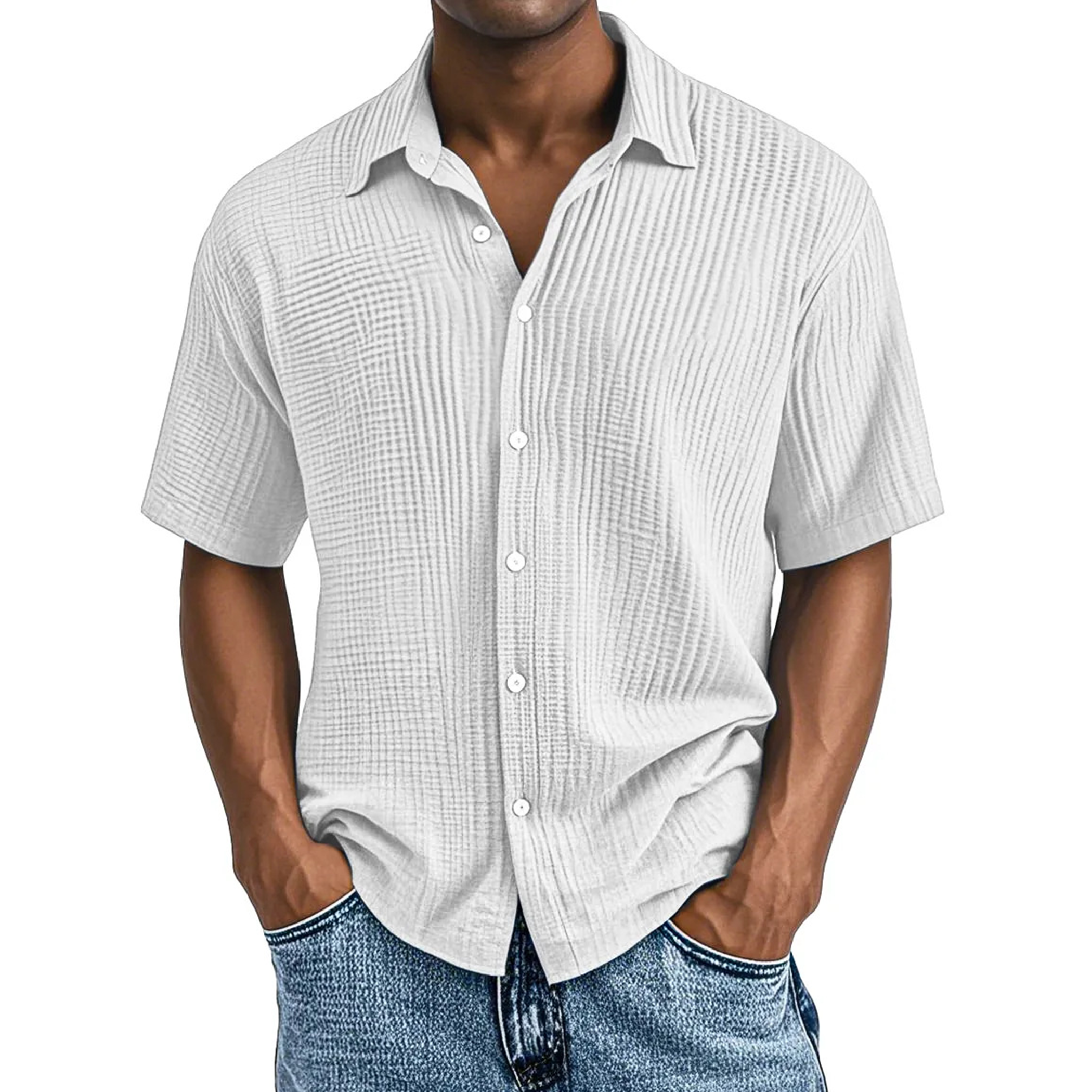 Men's Crinkle Textured Cotton Short Sleeve Button-Up Shirt