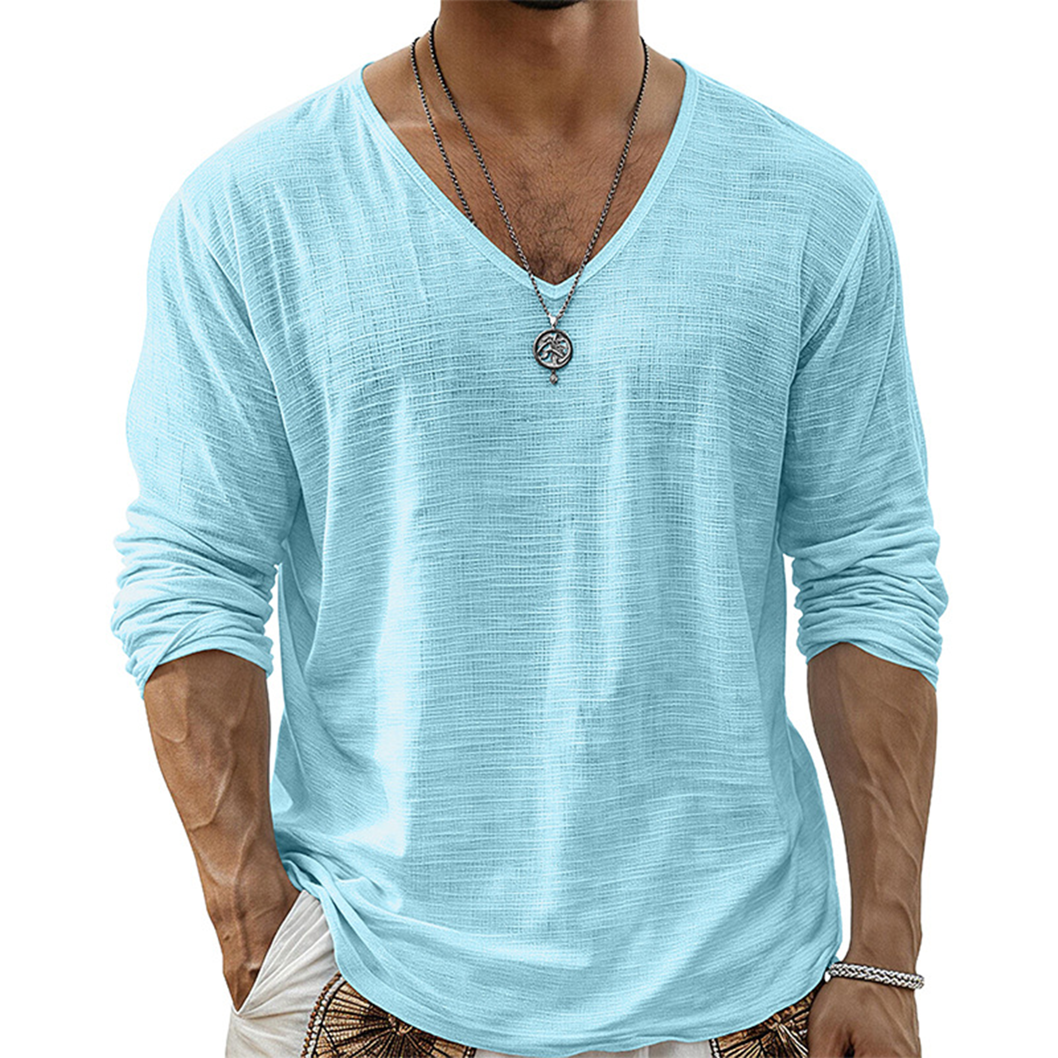 Men's Casual Cotton V-Neck Long Sleeve T-Shirt