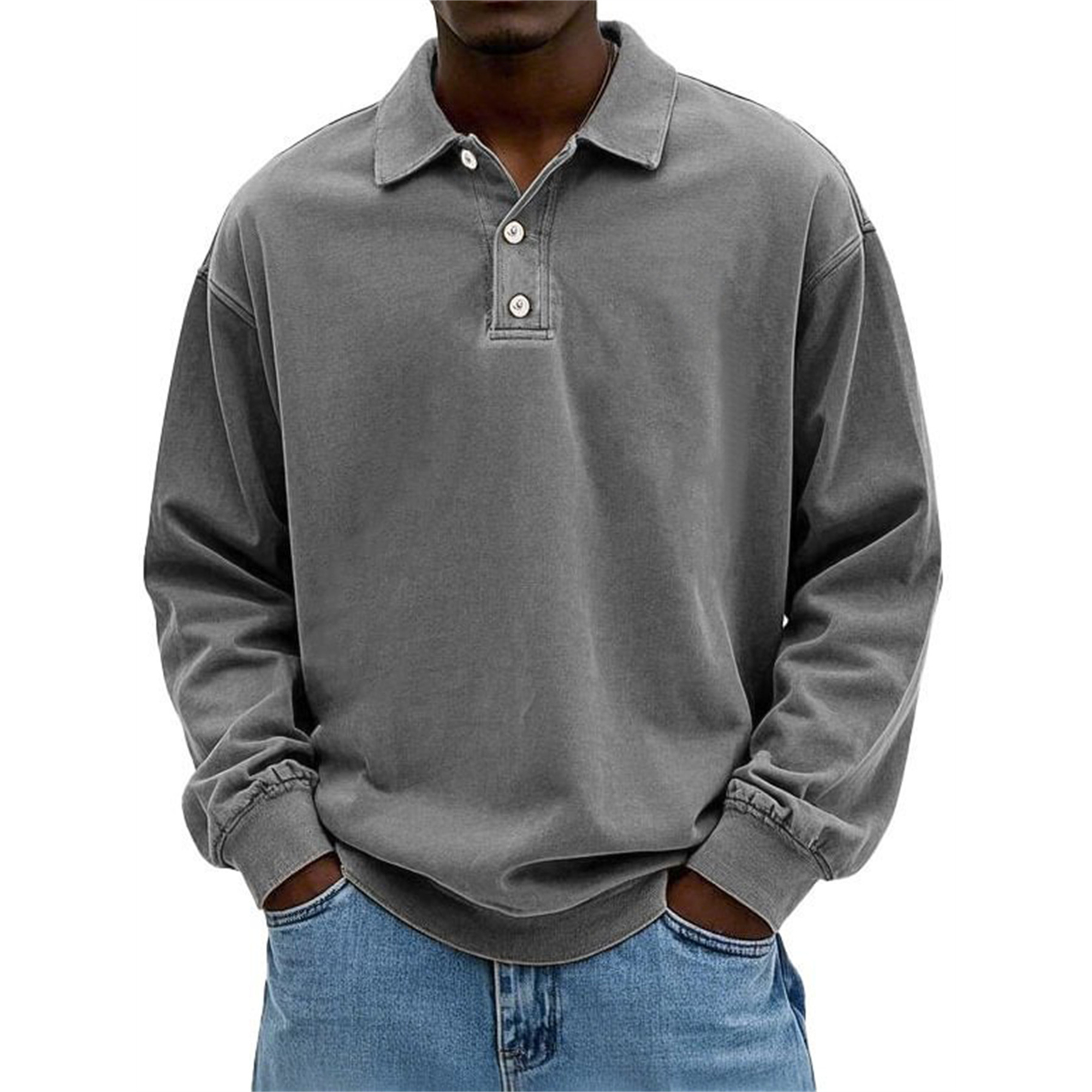 Men's Solid Color Long Sleeve Polo Shirt