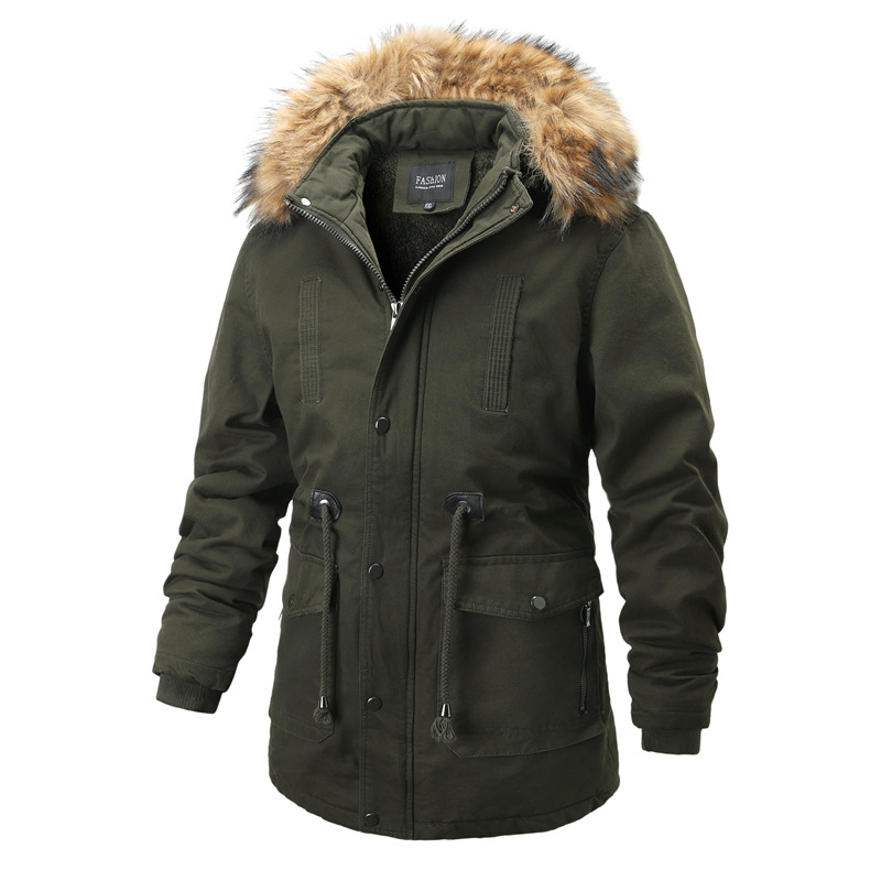 Men's Winter Fleece Lined Drawstring Parka Jacket Coat with Removable Fur Hood