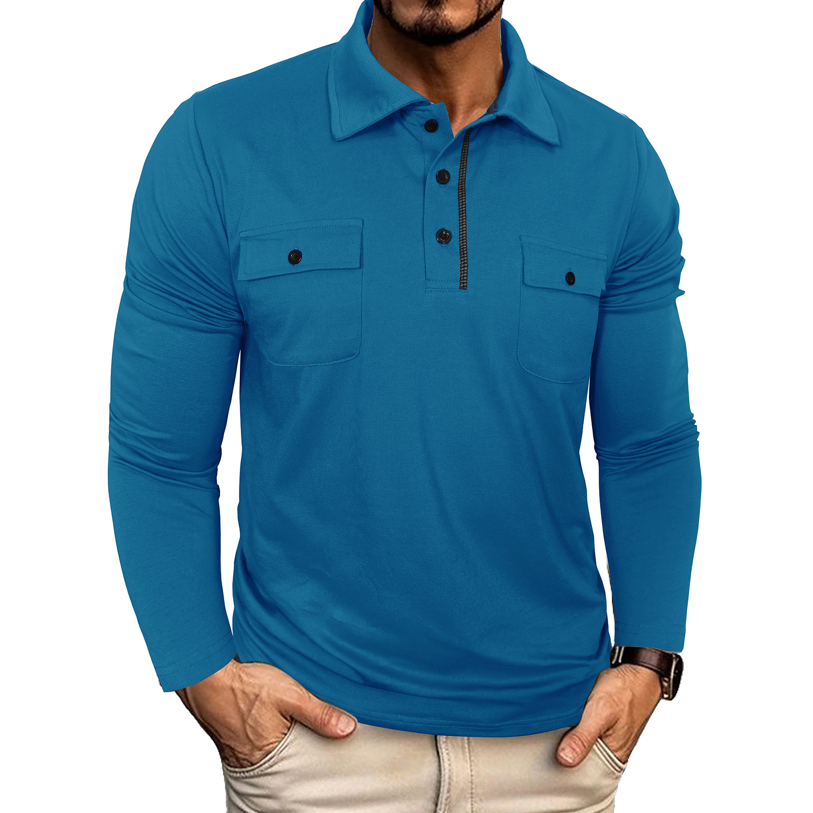 Men's Long Sleeve Cotton Pocket Polo Shirt