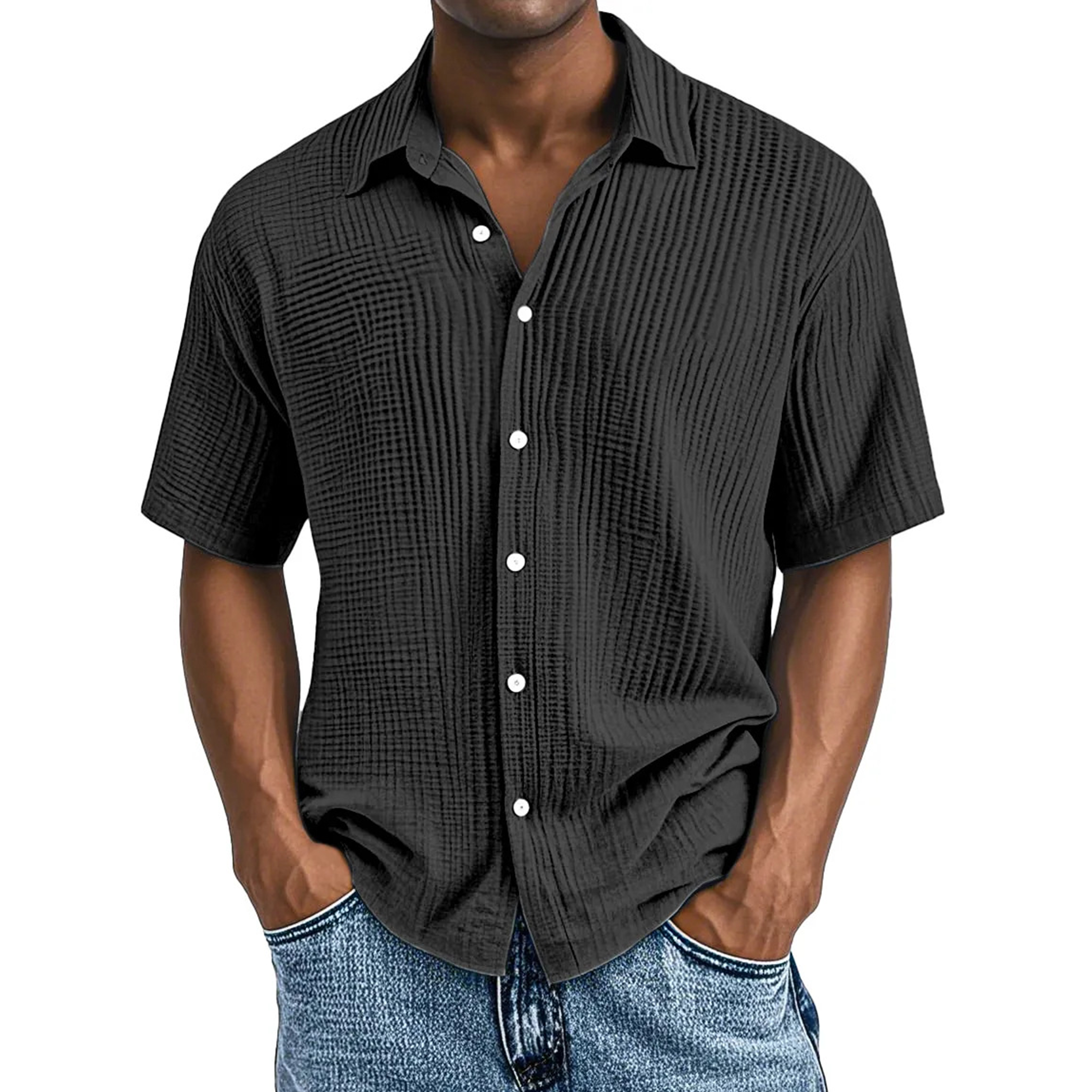 Men's Crinkle Textured Cotton Short Sleeve Button-Up Shirt