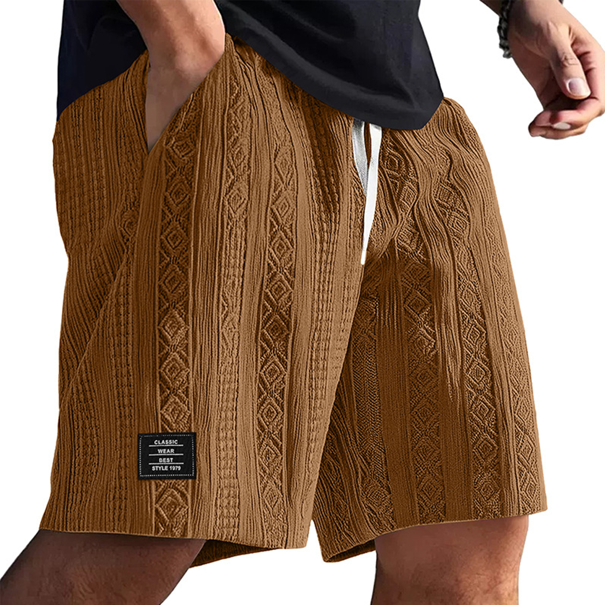 Men's Textured Embroidered Logo Casual Loose Shorts