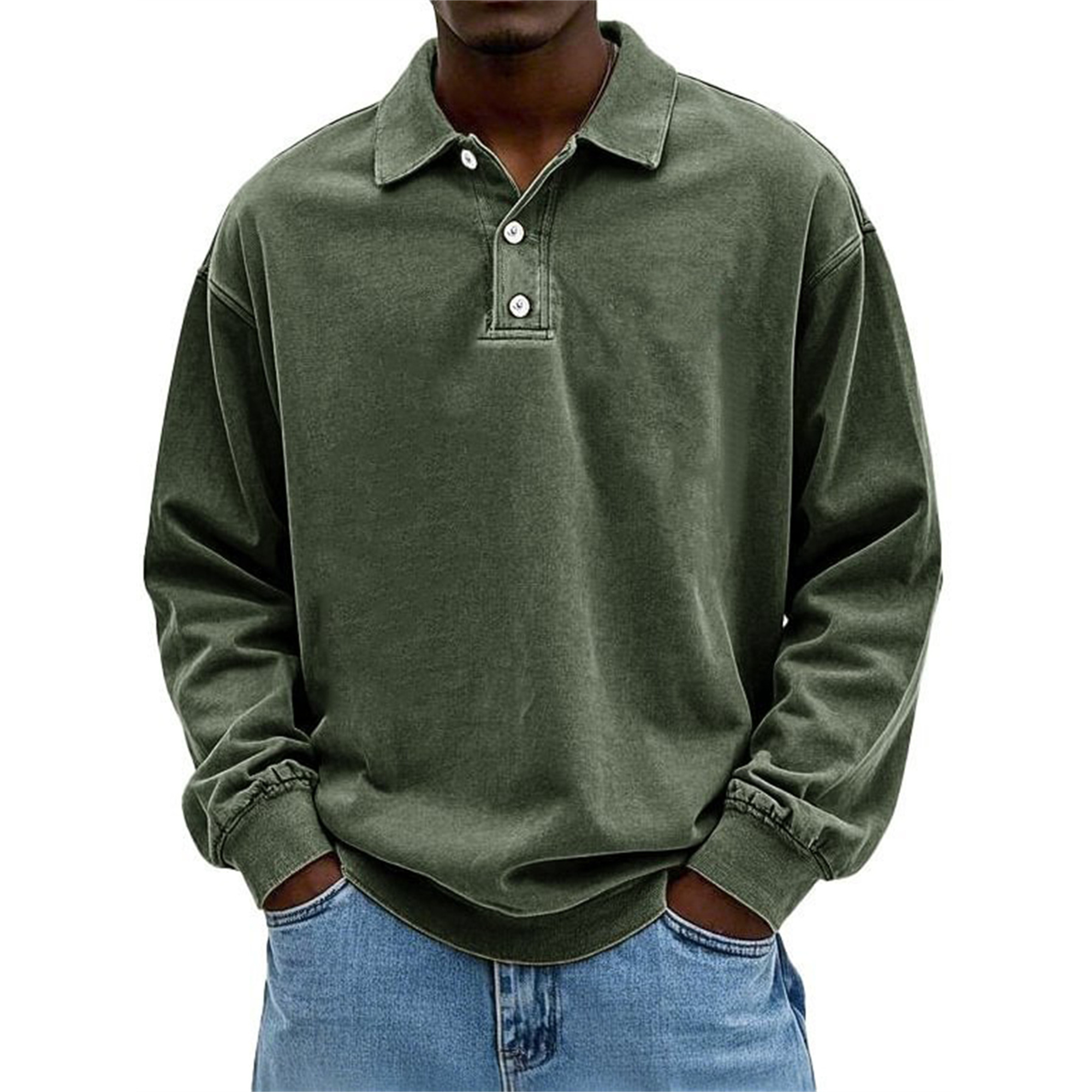 Men's Solid Color Long Sleeve Polo Shirt