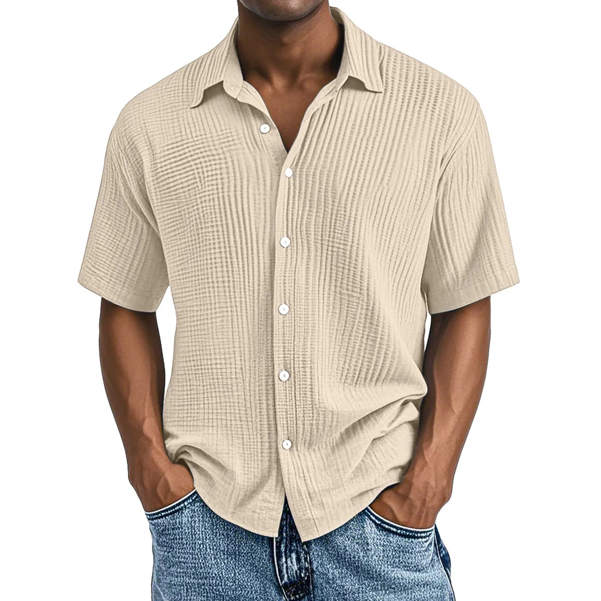Men's Crinkle Textured Cotton Short Sleeve Button-Up Shirt