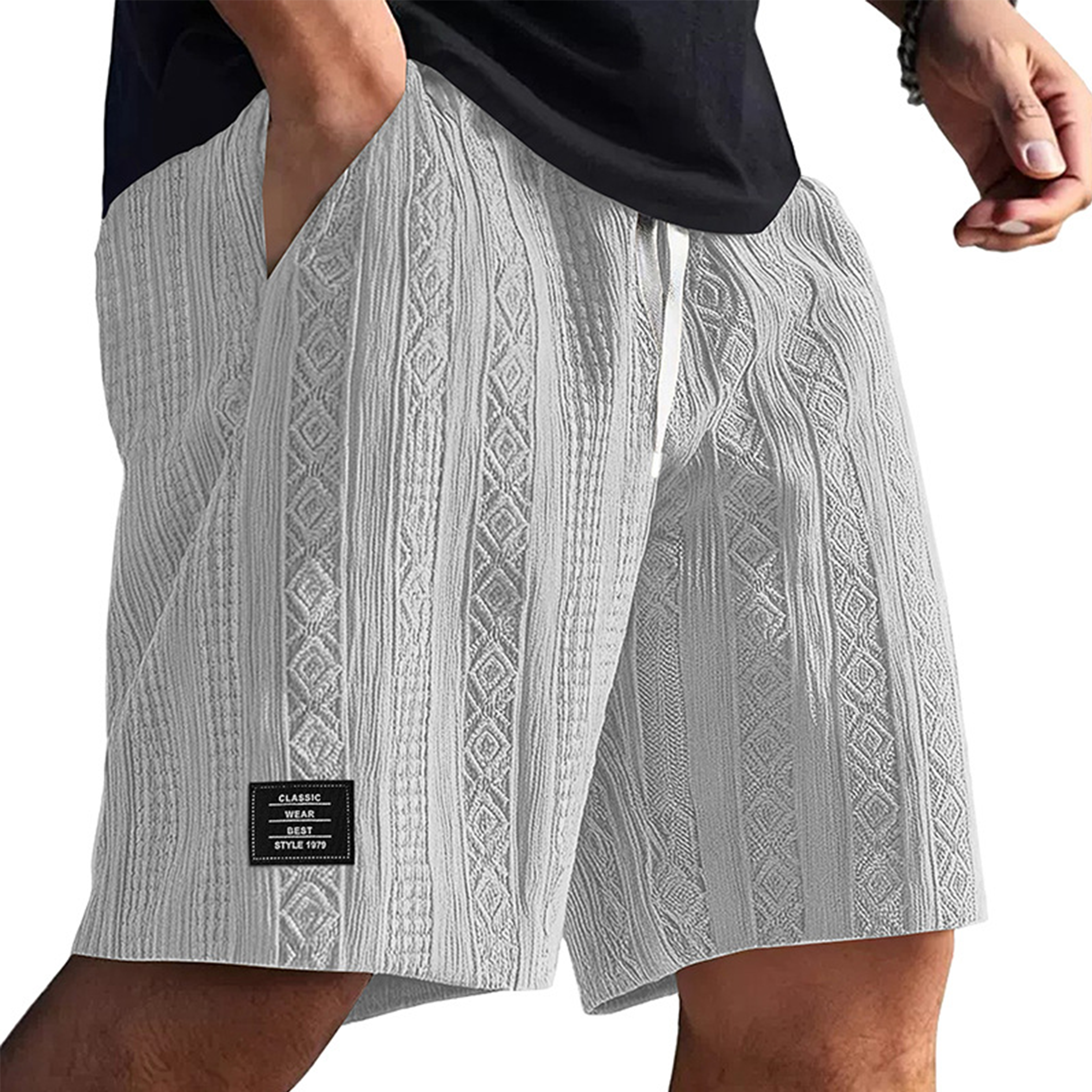 Men's Textured Embroidered Logo Casual Loose Shorts