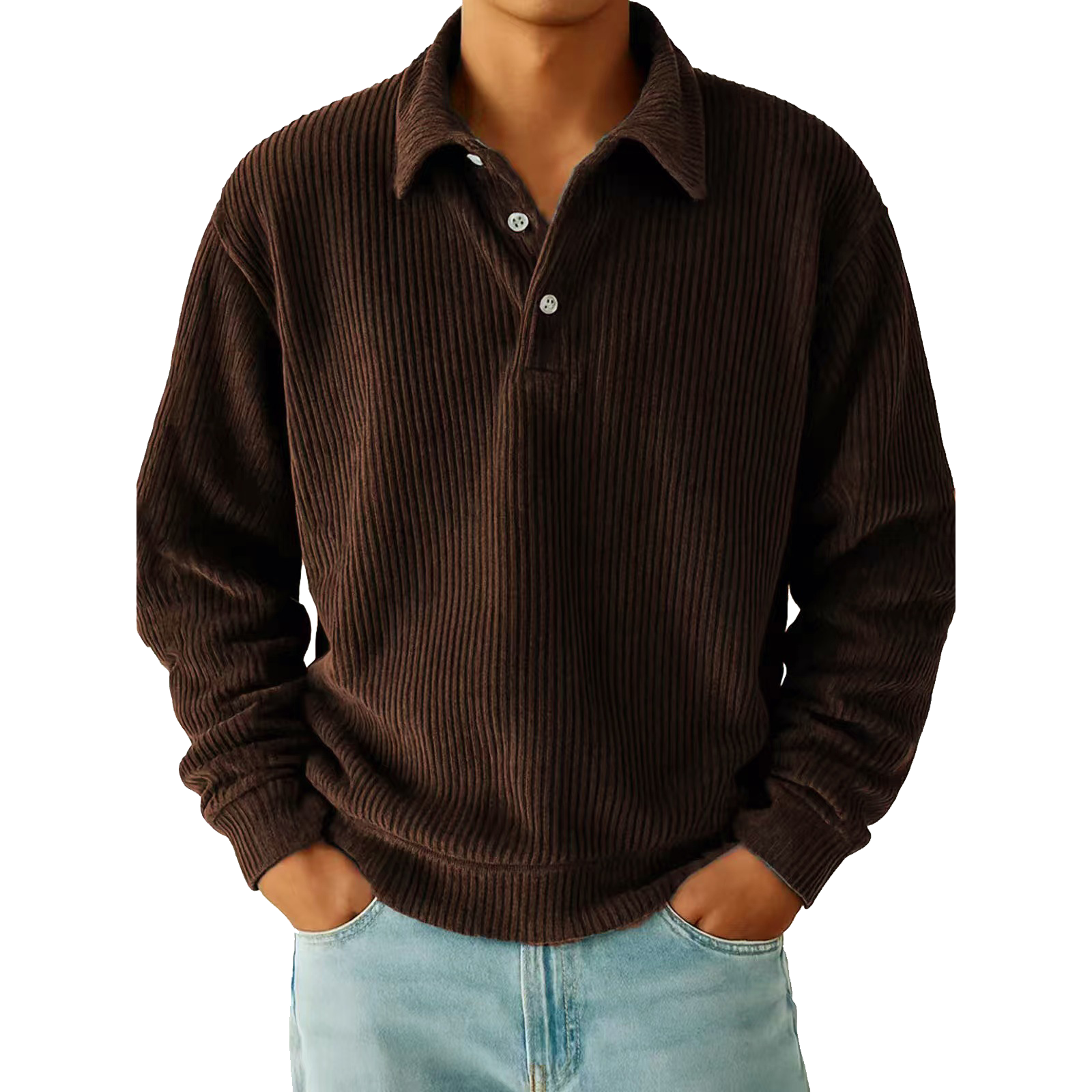 Men's Corduroy Textured Long Sleeve Polo Shirt