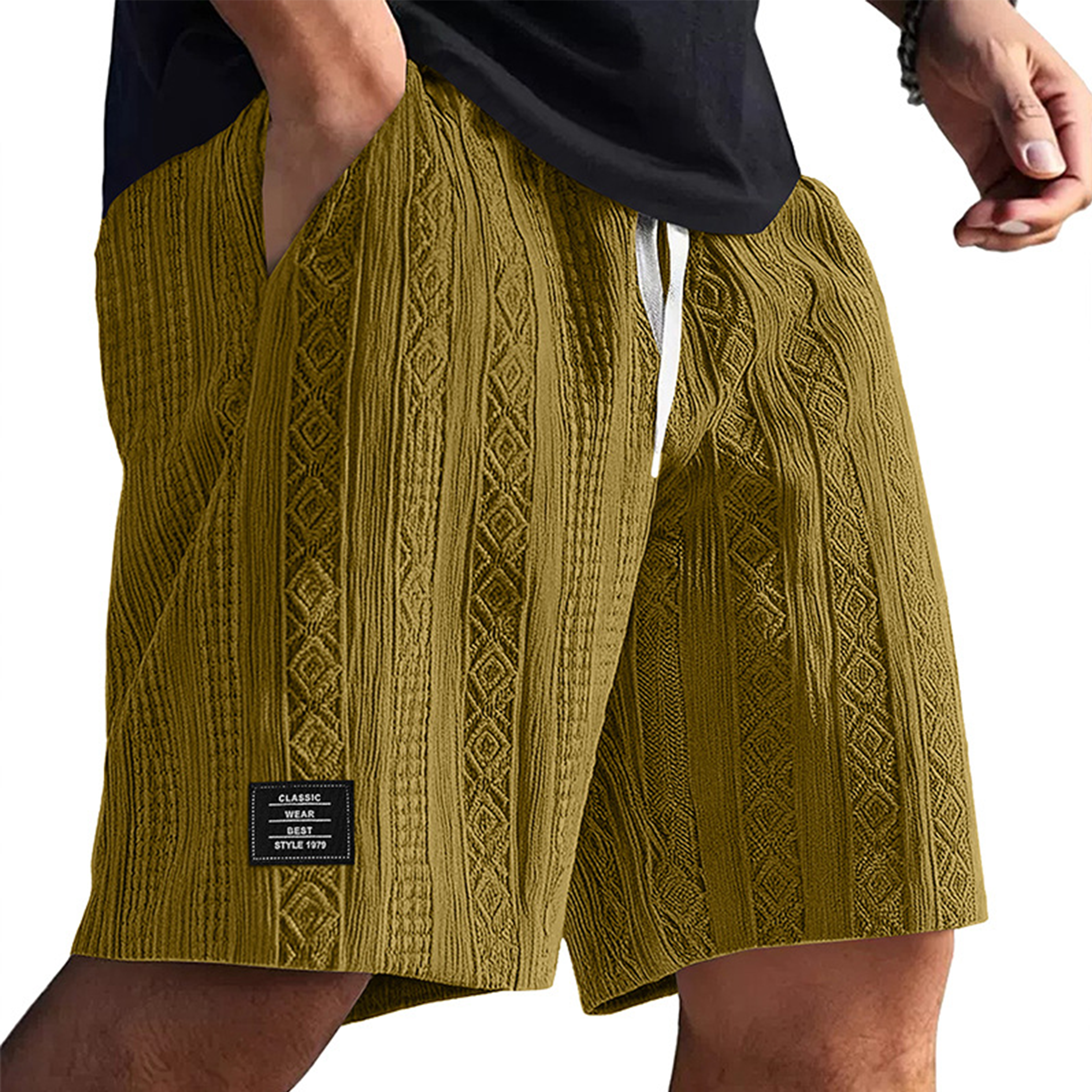 Men's Textured Embroidered Logo Casual Loose Shorts