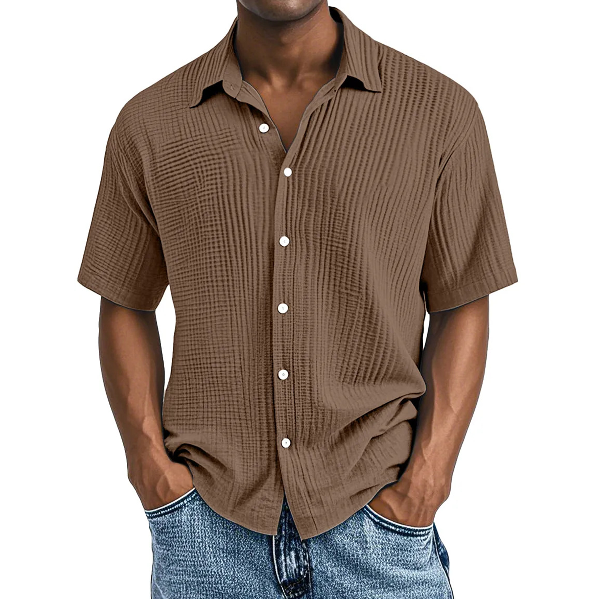 Men's Crinkle Textured Cotton Short Sleeve Button-Up Shirt
