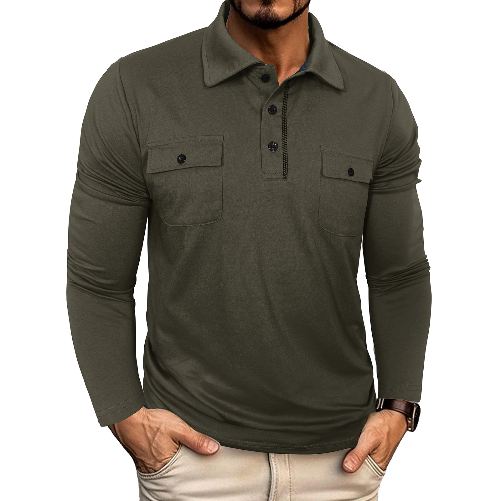 Men's Long Sleeve Cotton Pocket Polo Shirt