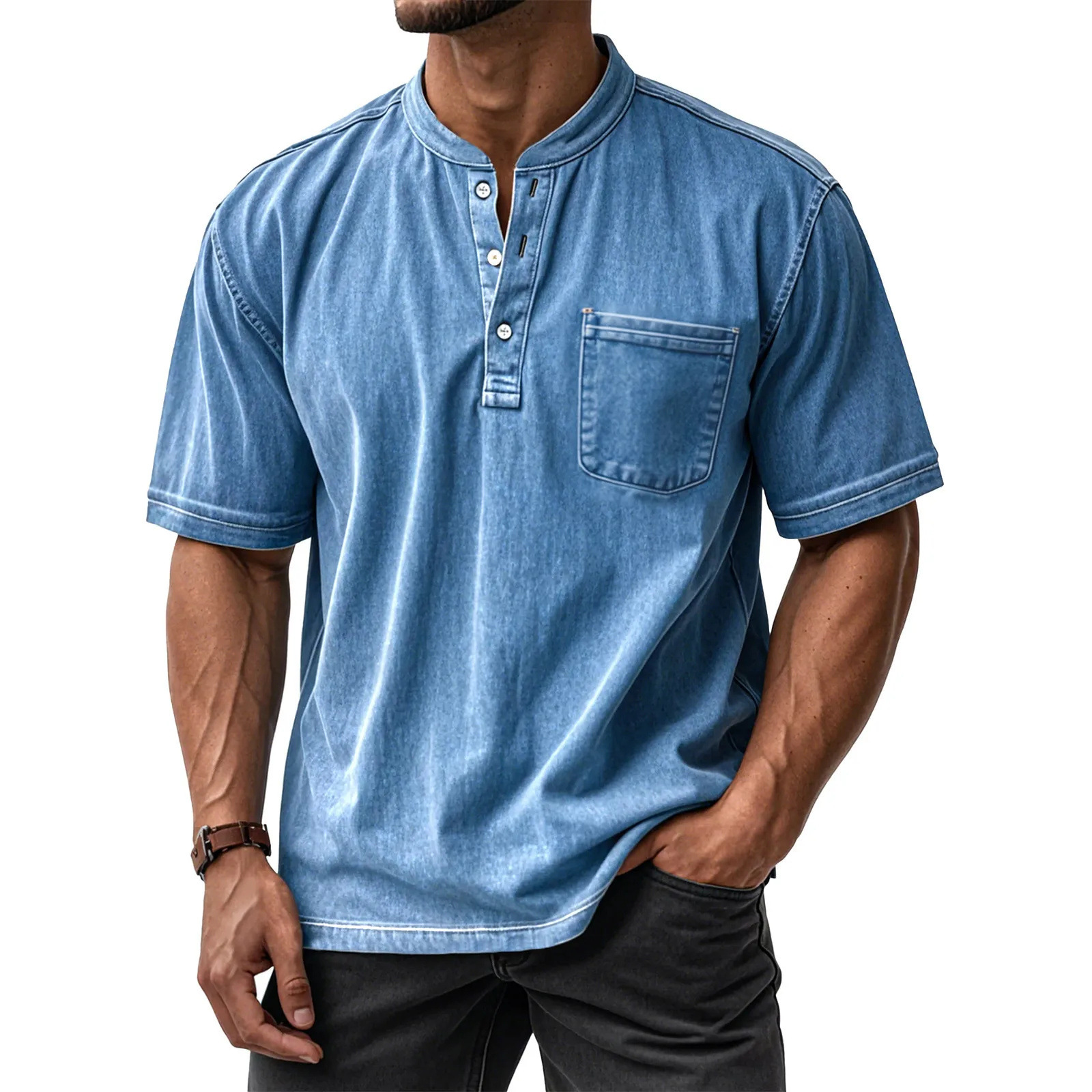 Men's Washed Cotton Short Sleeve Henley T-Shirt