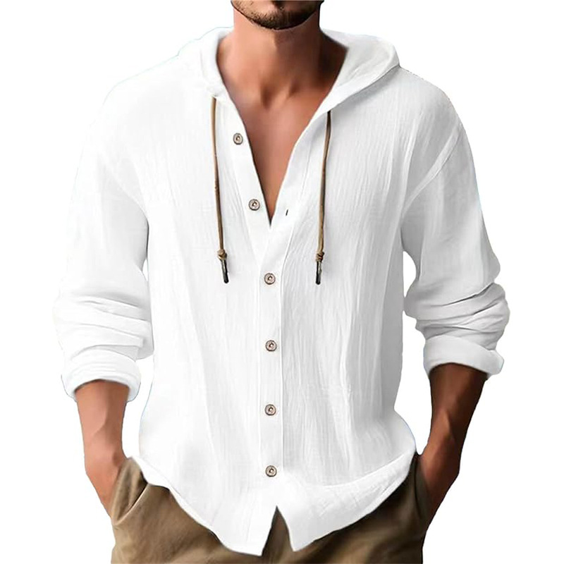 Men's Solid Color Drawstring Long Sleeve Shirt