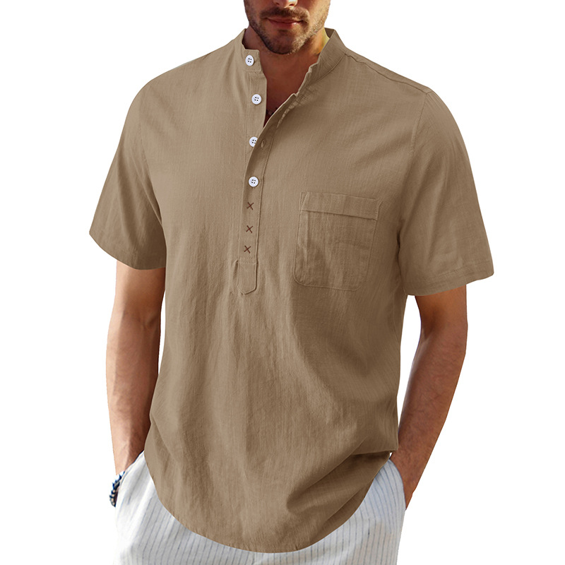 Men's Cotton Linen Short Sleeve Henley Shirt